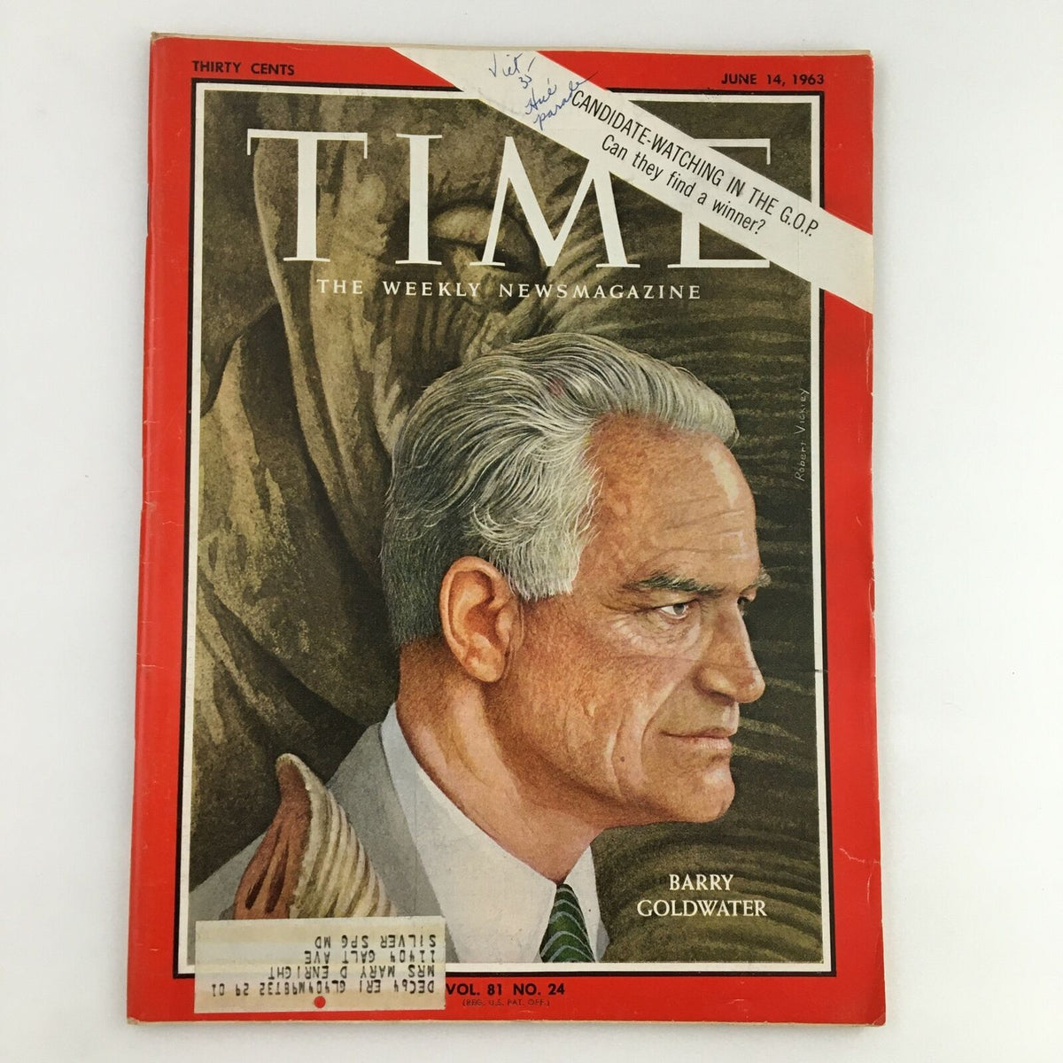Time Magazine June 14 1963 Vol. 81 No. 24 featuring a striking cover image of Senator Barry Goldwater, showcasing his profile with a vintage design.