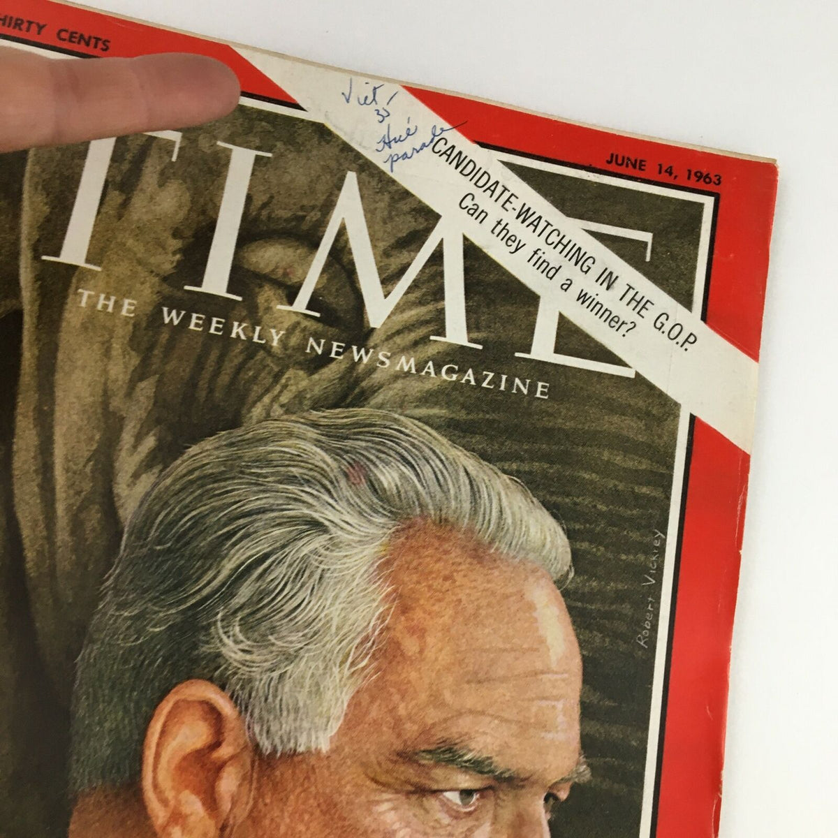 Close-up view of Time Magazine June 14 1963 cover, highlighting the details of Senator Barry Goldwater's portrait alongside a promotional banner.