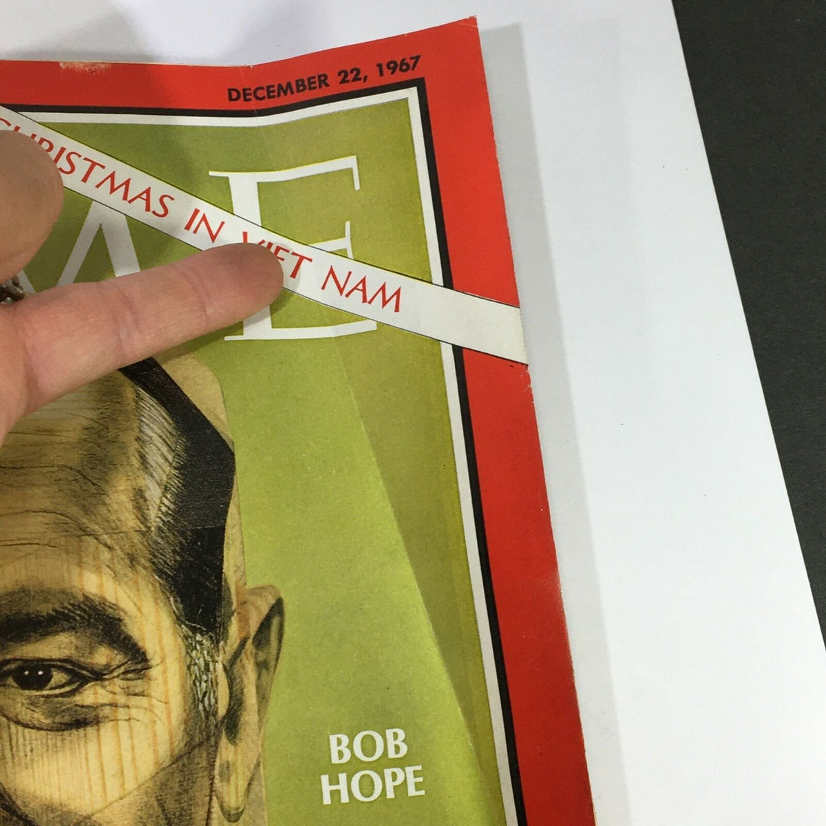Close-up of VTG Time Magazine December 22, 1967 with an emphasis on the title 'Christmas in Viet Nam' and Bob Hope, capturing the magazine's unique historical context.