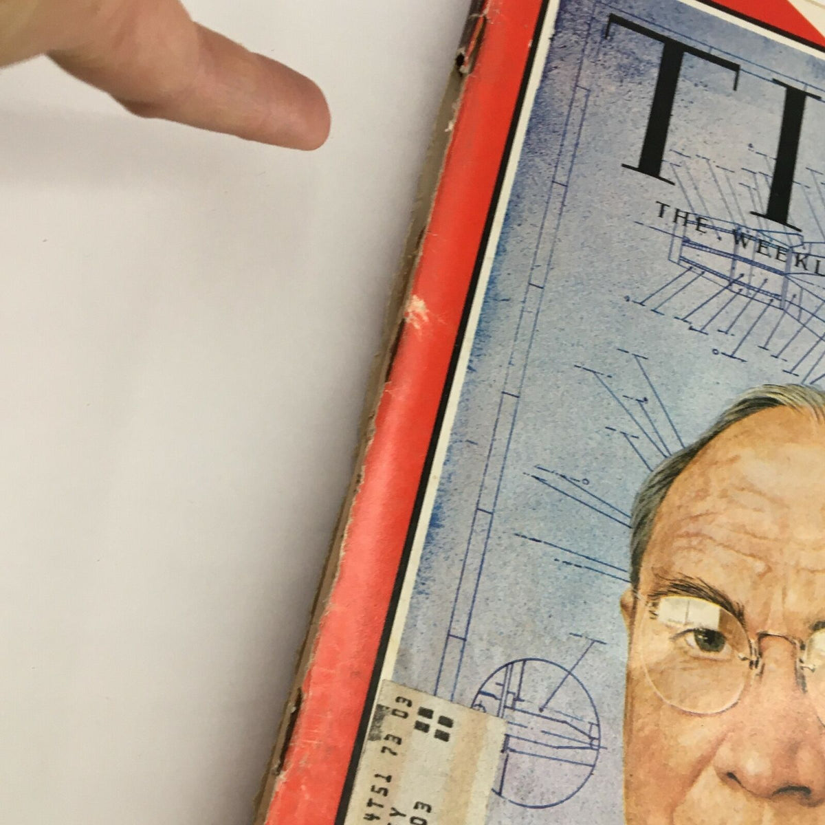 Detailed view of the Time Magazine March 31, 1967 Vol. 89 No. 13 cover featuring Spaceman James Smith McDonnell, showing edge wear and an address label.