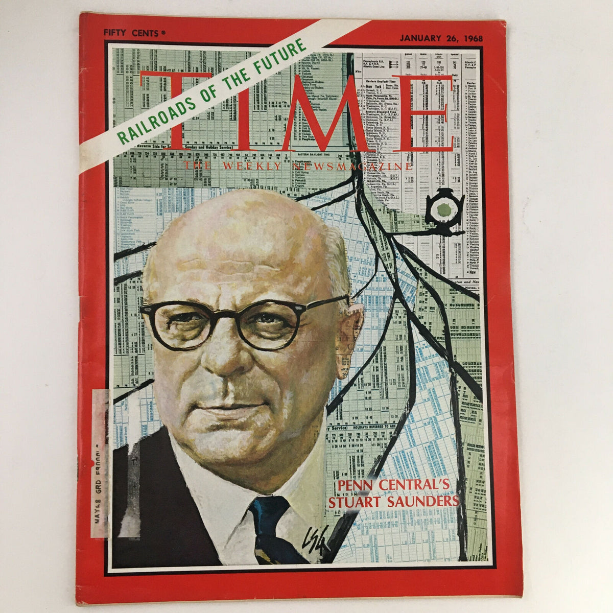 Time Magazine cover from January 26, 1968 featuring Stuart Saunders of Penn Central, showcasing a vintage design with charts and graphs in the background.