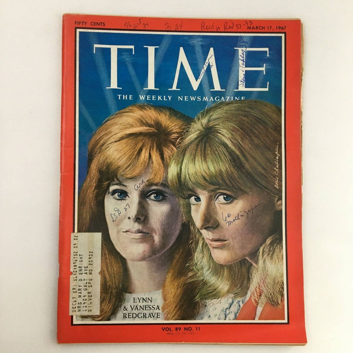 Cover of Time Magazine March 17, 1967, Vol. 89 No. 11 featuring Lynn and Vanessa Redgrave, marked with handwritten notes.