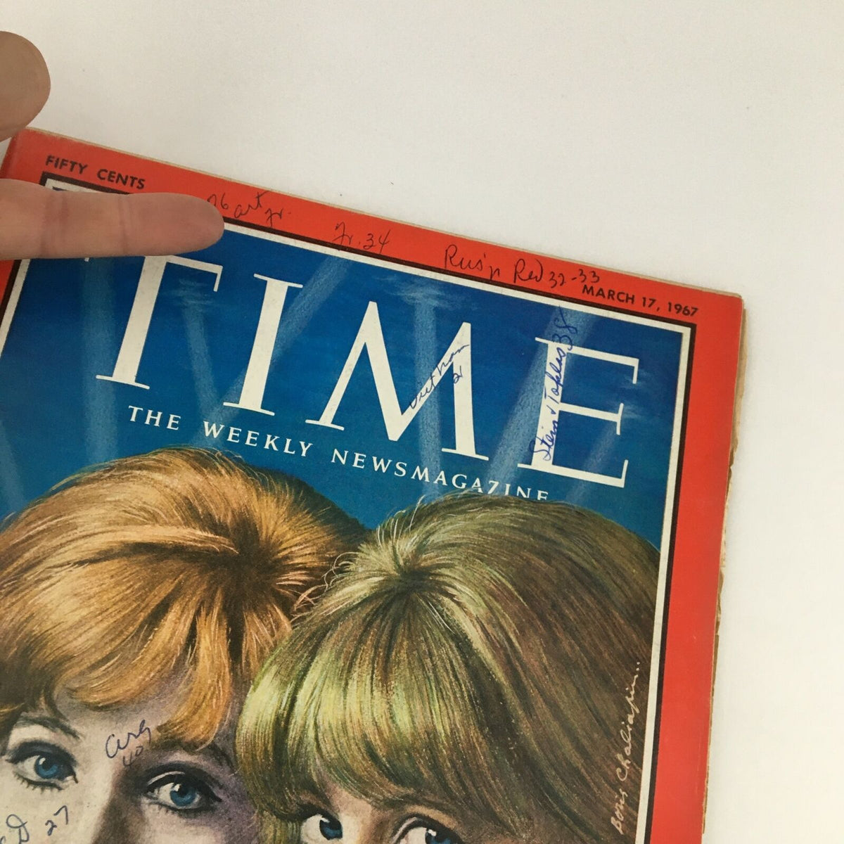 Close-up of the Time Magazine cover from March 17, 1967, Vol. 89 No. 11, showcasing Lynn and Vanessa Redgrave with handwritten annotations.