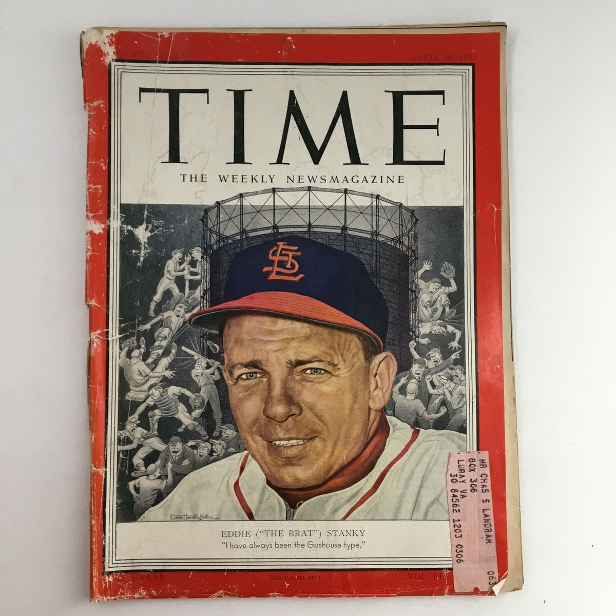 Cover of Time Magazine dated April 28, 1952, featuring Eddie 'The Brat' Stanky, showcasing vintage sports history with a red background and baseball imagery.