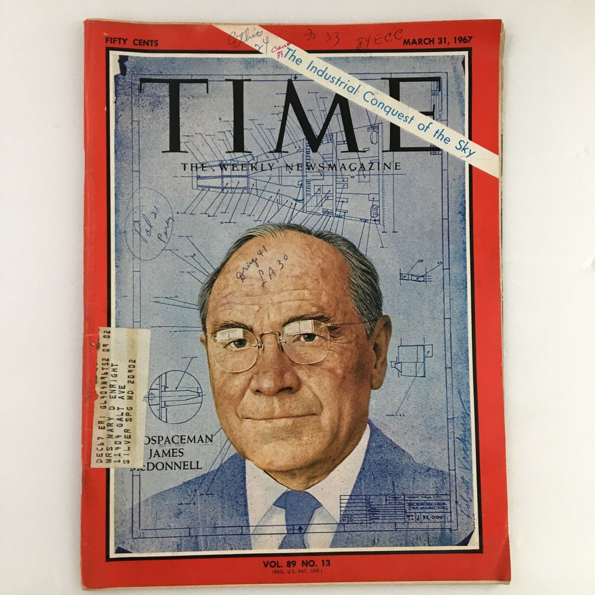 Time Magazine March 31 1967 featuring Aero Spaceman James McDonnell on the cover, showcasing his portrait alongside engineering designs and handwritten notes.