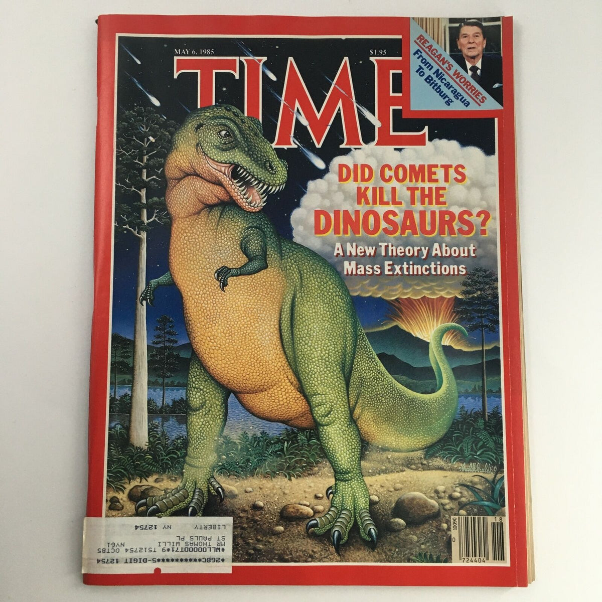 Cover of Time Magazine from May 6, 1985, featuring an illustration of a dinosaur and the headline 'Did Comets Kill the Dinosaurs? A New Theory About Mass Extinctions', highlighting the era's scientific discourse and Ronald Reagan's presidency.