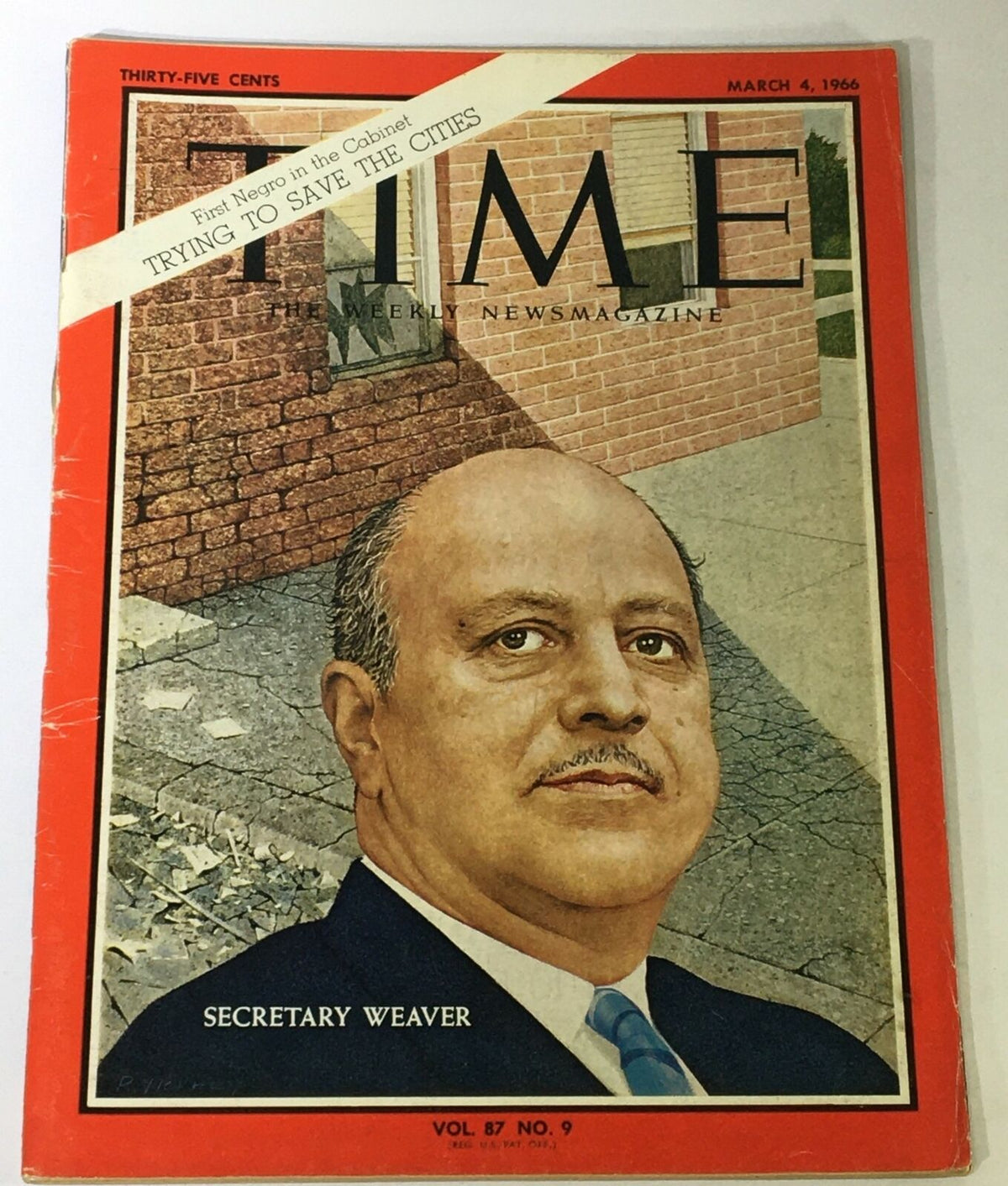 VTG Time Magazine March 4 1966 cover featuring Secretary Robert C. Weaver, highlighting his role as the first African American in the cabinet, with a vintage design aesthetic.