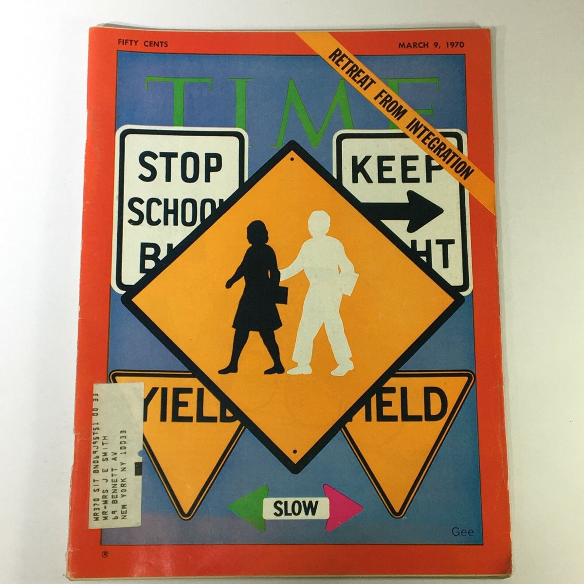Cover of VTG Time Magazine March 9 1970 featuring the title 'Retreat From Integration' with illustrations of school crossing signs and figures of children walking. This vintage magazine explores key societal issues from the era, reflecting on integration challenges.