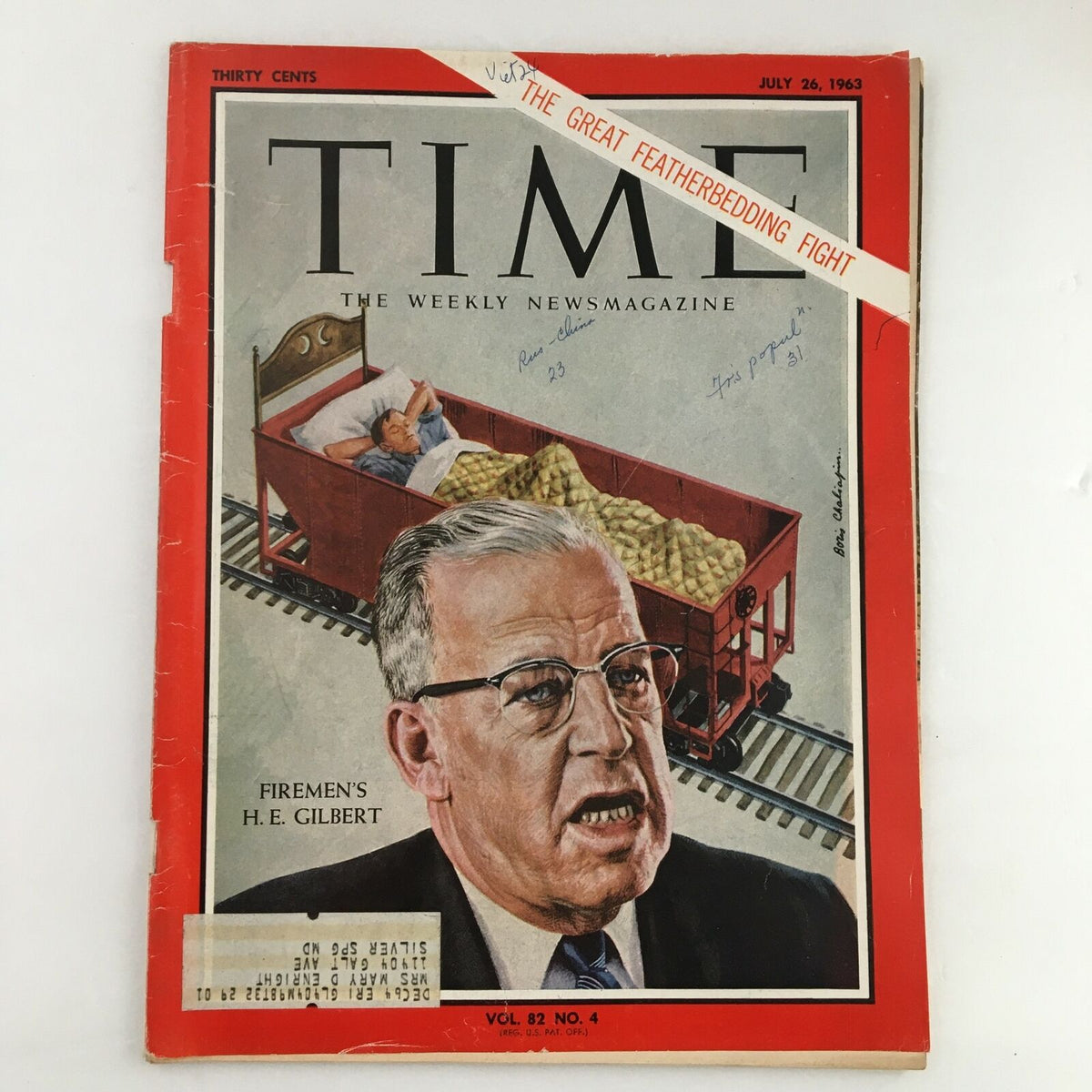 Cover of Time Magazine from July 26, 1963, Volume 82, Number 4, featuring an article on labor issues faced by firemen, depicting H.E. Gilbert and the topic of featherbedding.