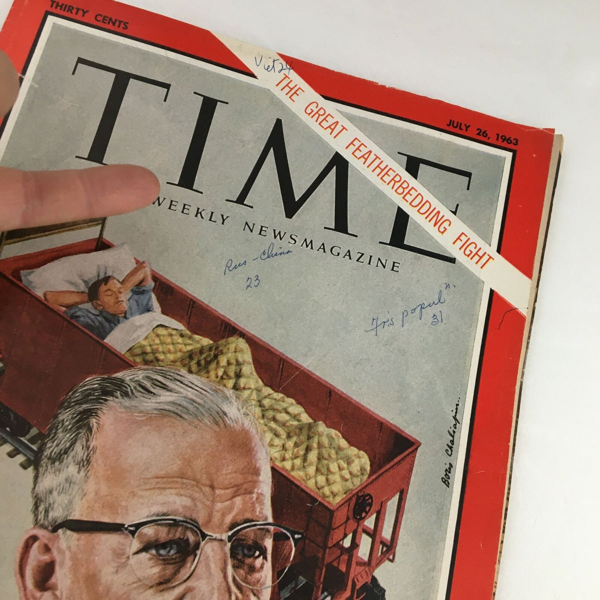Close-up of Time Magazine cover from July 26, 1963, Volume 82, Number 4, highlighting the title 'The Great Featherbedding Fight' and character illustrations related to firemen's labor issues.