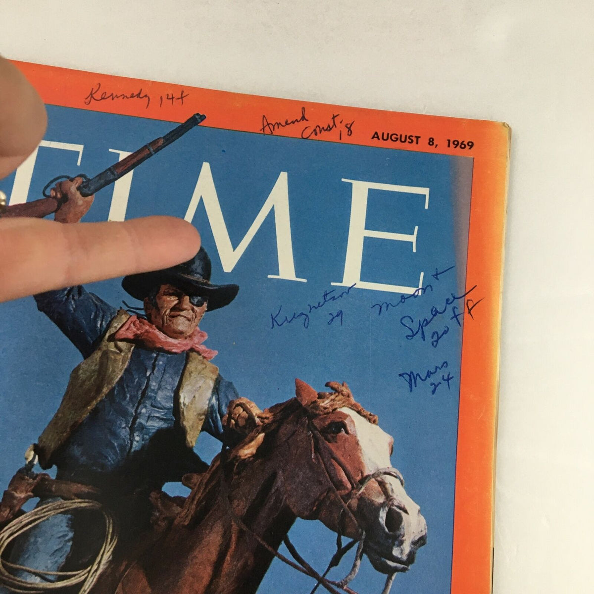 Another close-up view of Time Magazine August 8 1969 cover with actor John 'Duke' Wayne, showing signature details, emphasizing the historical significance of this collectible magazine.