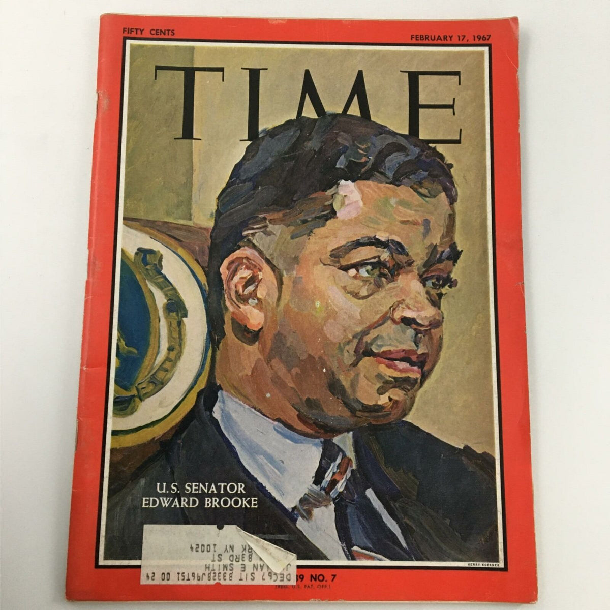 Vintage Time Magazine cover from February 17, 1967, featuring U.S. Senator Edward Brooke, showcasing a portrait illustration and historical significance.