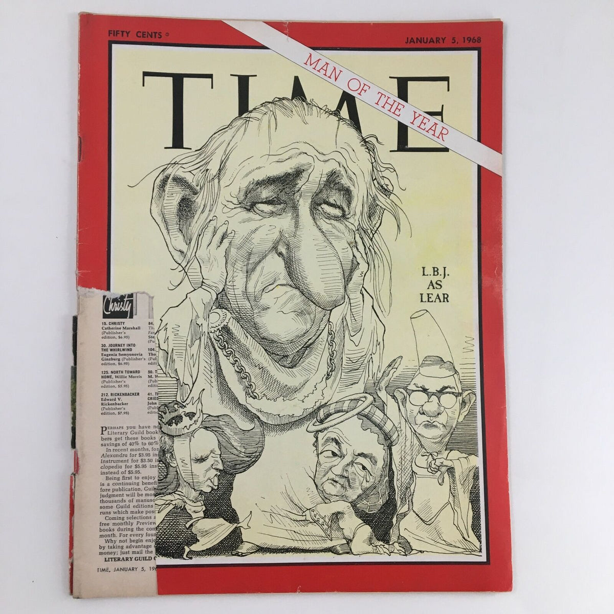 Cover of Time Magazine January 5, 1968, Vol. 91 No. 1 featuring Lyndon B. Johnson depicted as Lear with caricatures and a bold 'Man of the Year' banner.