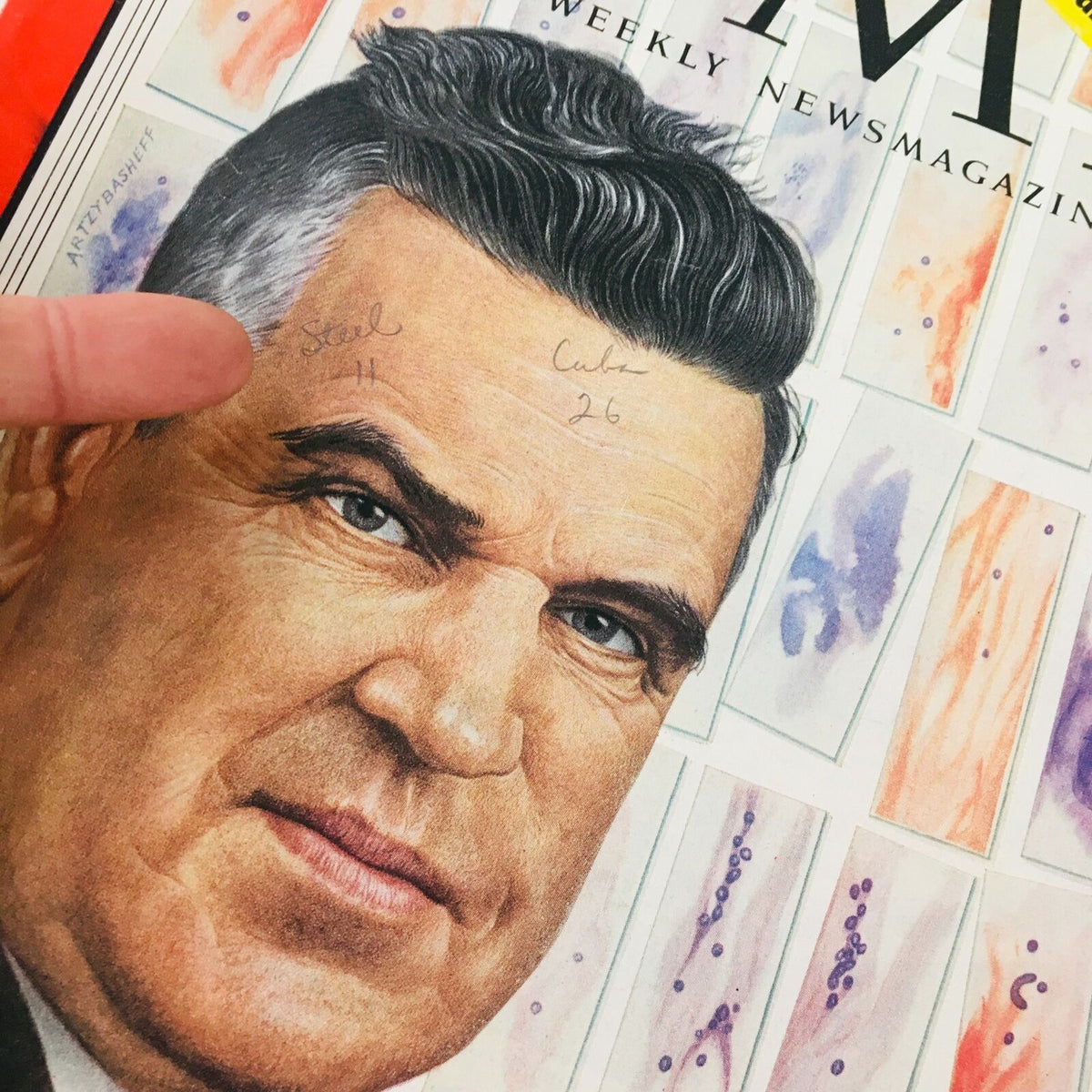 Close-up of the cover of VTG Time Magazine July 27 1959 highlighting Dr. John R. Heller's portrait and handwritten notes.