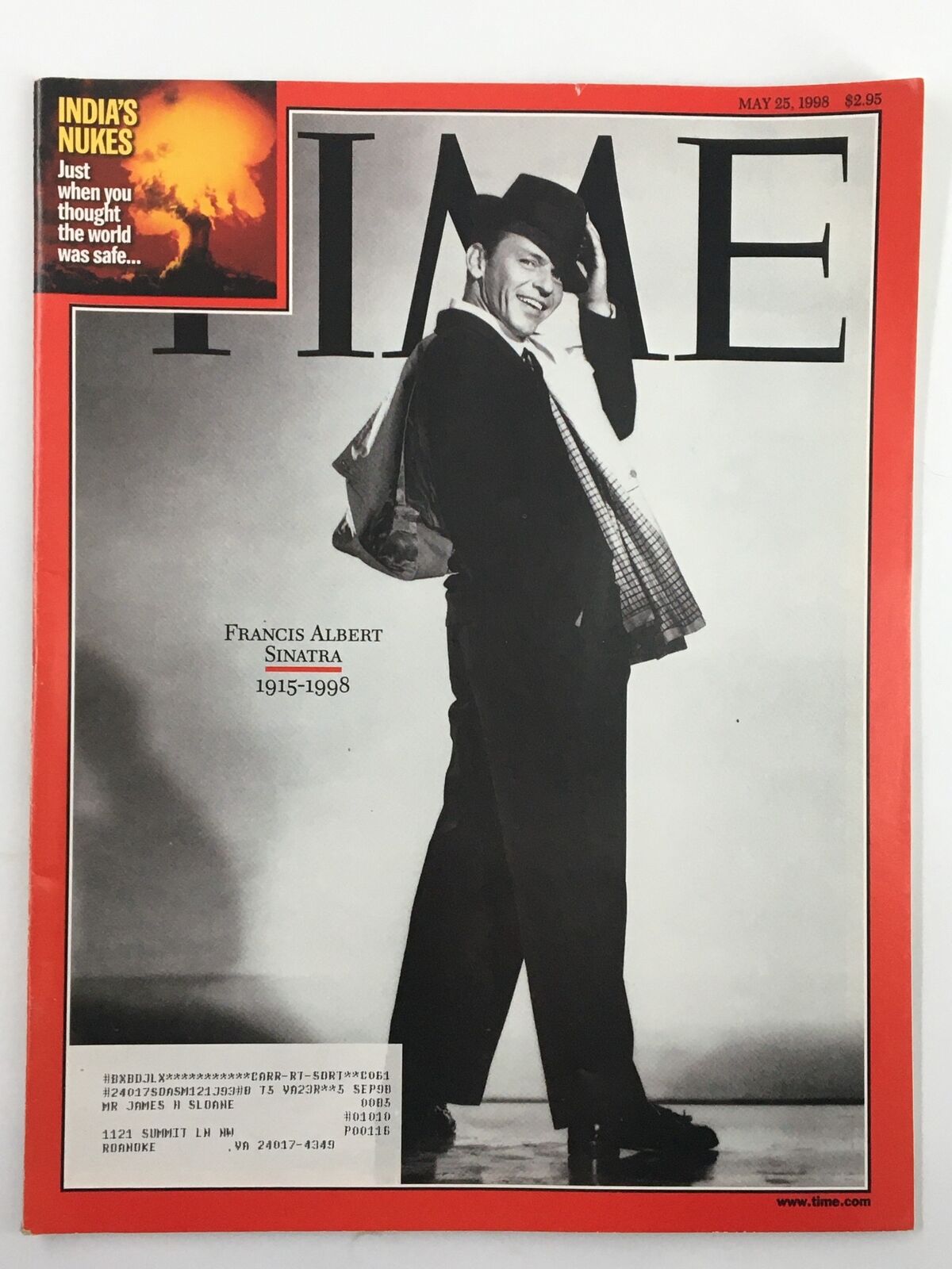 VTG Time Magazine May 25, 1998 cover featuring Francis Albert Sinatra, commemorating his life from 1915-1998, showcasing a classic black and white image of Sinatra in a stylish pose.