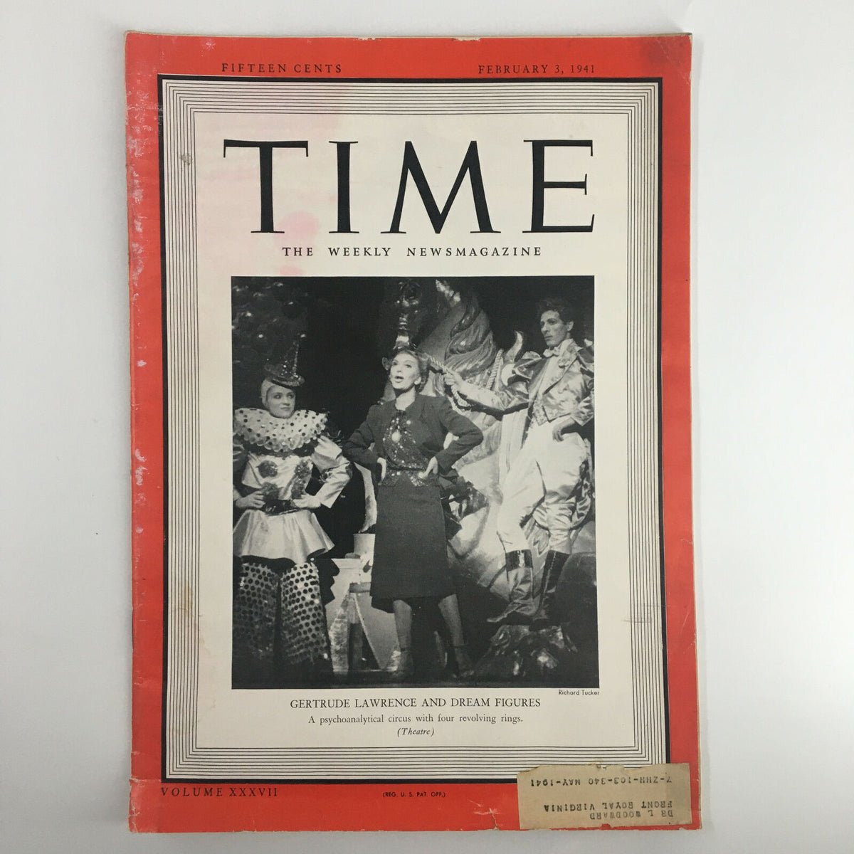 Vintage Time Magazine cover from February 3, 1941, Vol. 37 No. 5 featuring Gertrude Lawrence and Dream Figures, showcasing theatrical costumes and a captivating performance theme.