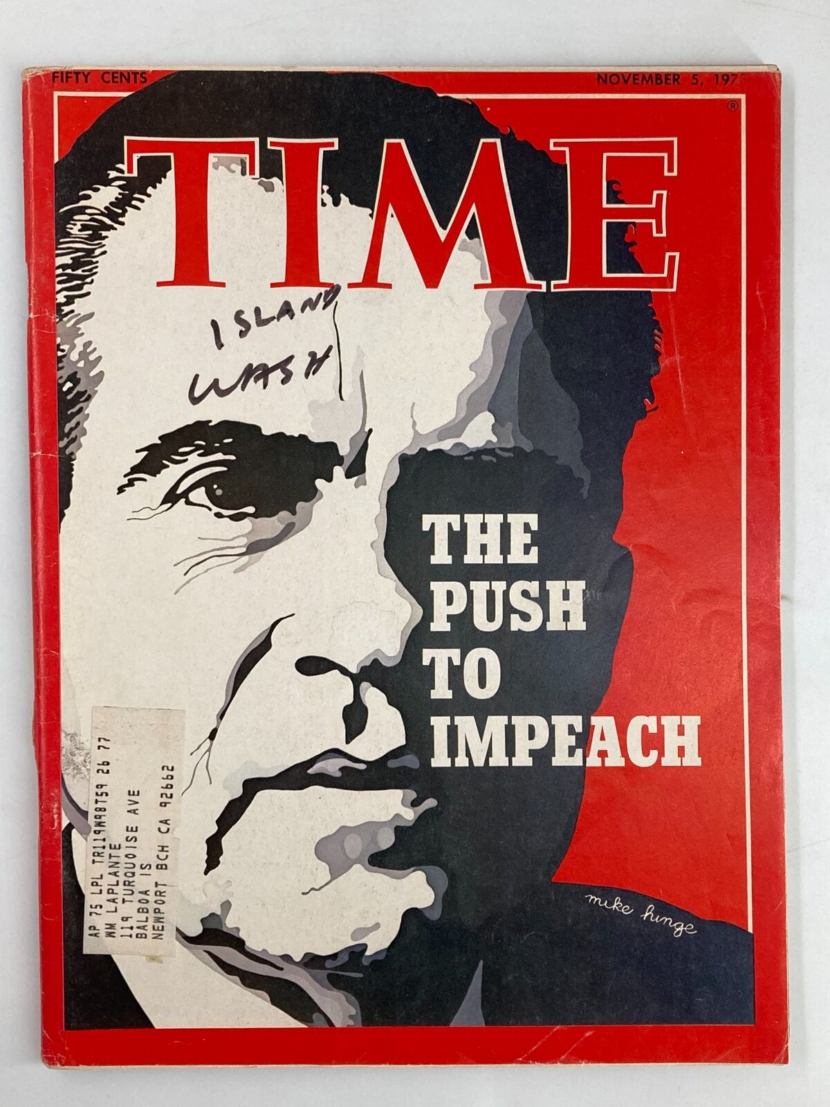 Vintage Time Magazine cover from November 5, 1973, featuring Richard Nixon with the headline 'The Push to Impeach', showcasing significant historical context.