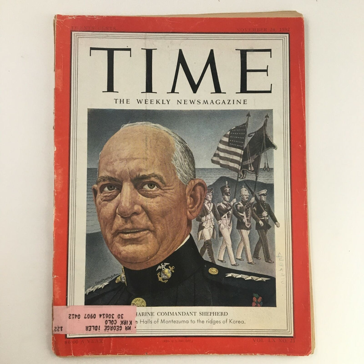 Cover of Time Magazine from November 24, 1952, featuring Marine Commandant Lemuel Shepherd, showcasing a historical illustration and military theme.