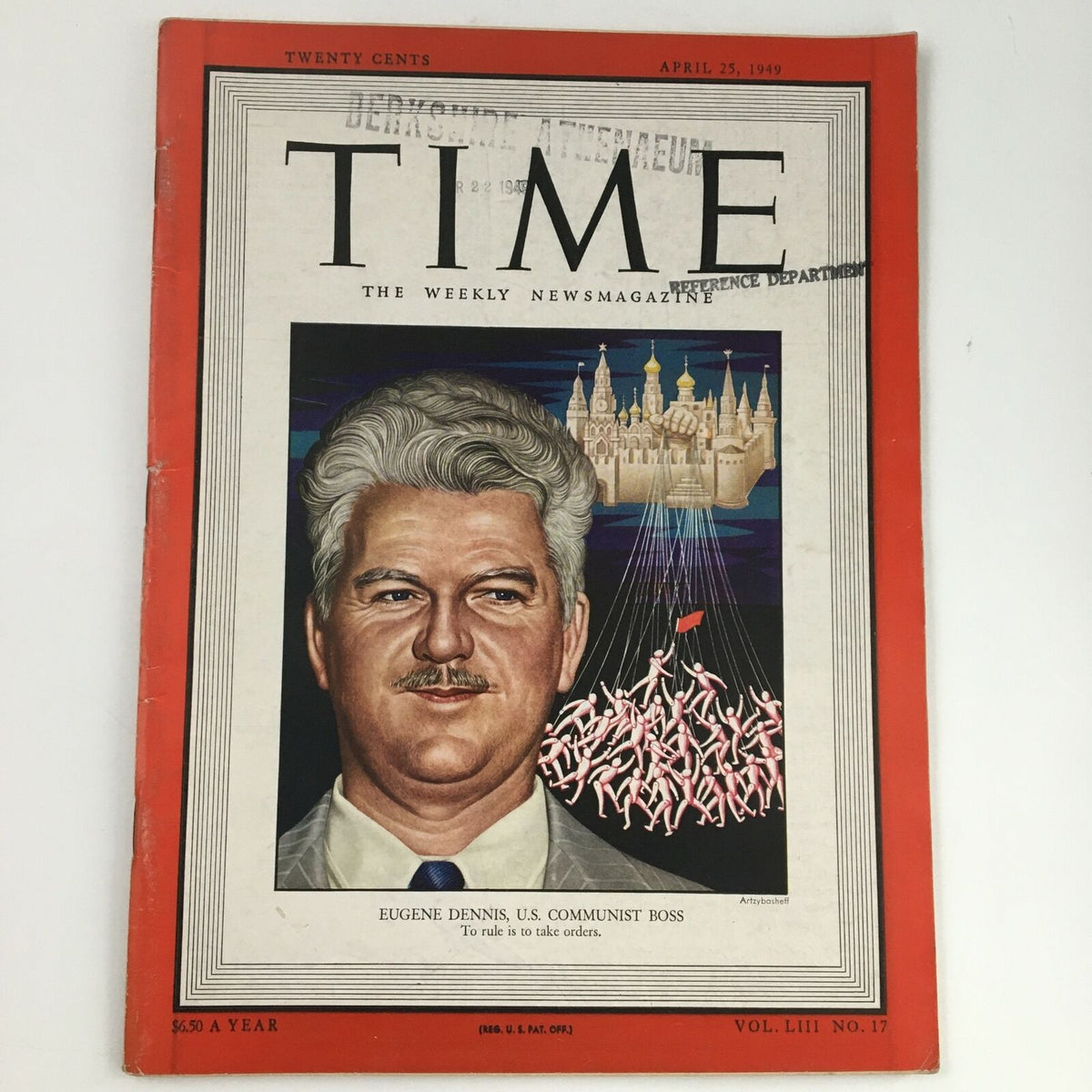 Cover of Time Magazine dated April 25, 1949, Vol 53 #17 featuring Eugene Dennis, U.S. Communist Boss, with a depiction of political themes reflective of the early Cold War era.