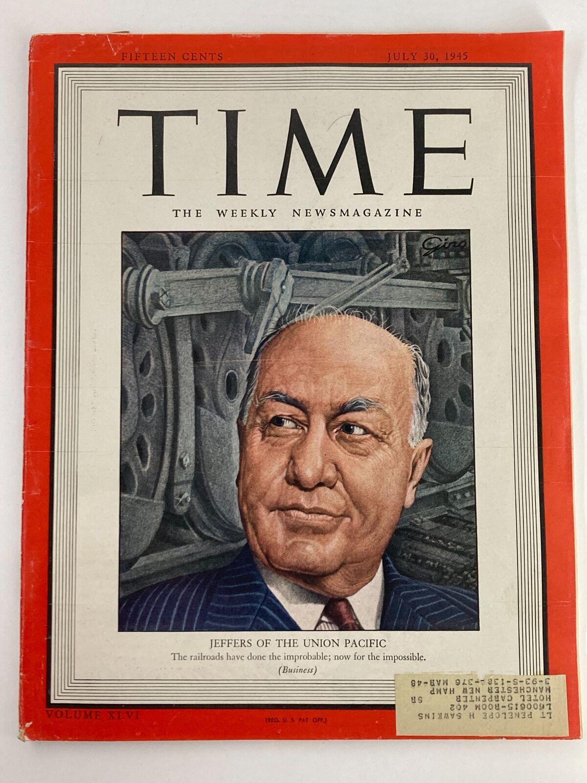 Vintage Time Magazine cover from July 30, 1945, featuring an illustration of Jeffers of the Union Pacific. The magazine includes the title 'TIME - THE WEEKLY NEWSMAGAZINE' and highlights the railroads' achievements post-World War II, making it a notable collectible item from Volume 46, Issue #5.