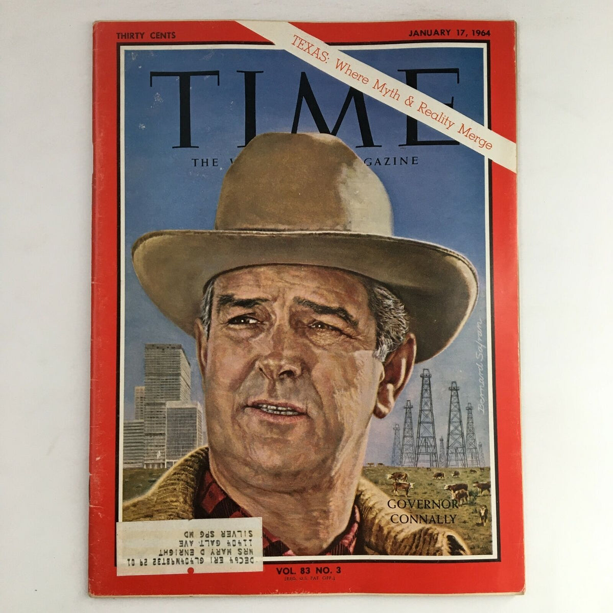 Cover of Time Magazine January 17, 1964, Volume 83, Issue 3 featuring Texas Governor John Connally with a backdrop of oil rigs and a historical depiction of Texas. This vintage magazine highlights significant political insights from the 1960s.