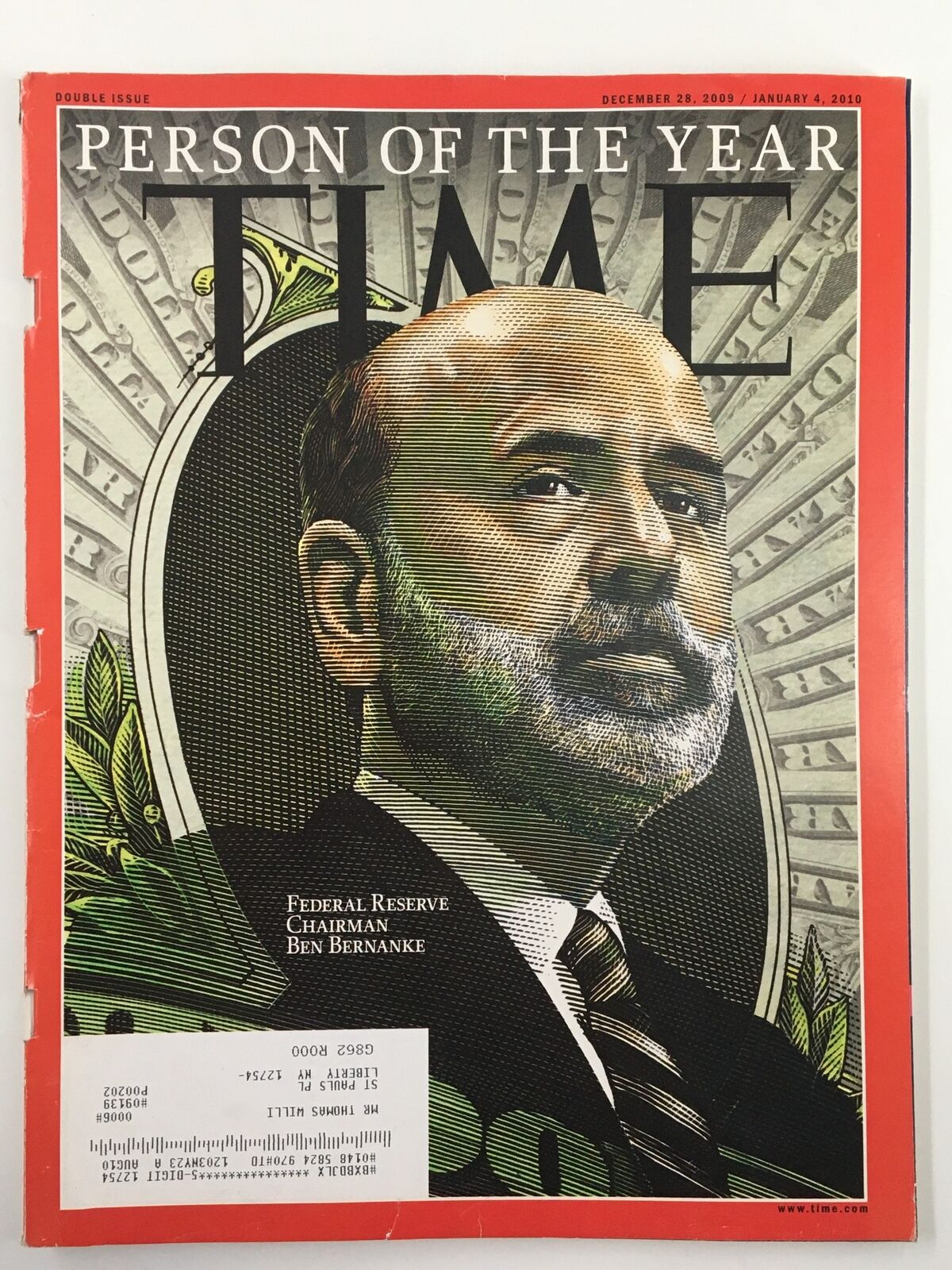 Cover of Time Magazine dated December 28, 2009, featuring Federal Reserve Chairman Ben Bernanke as Person of the Year, highlighting economic themes and historical significance.