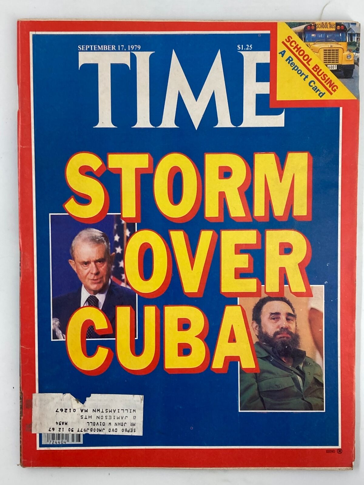 Vintage Time Magazine September 17 1979 cover featuring the headline 'Storm Over Cuba' with images related to Cuba and school busing debates, showcasing historical relevance and vintage appeal.