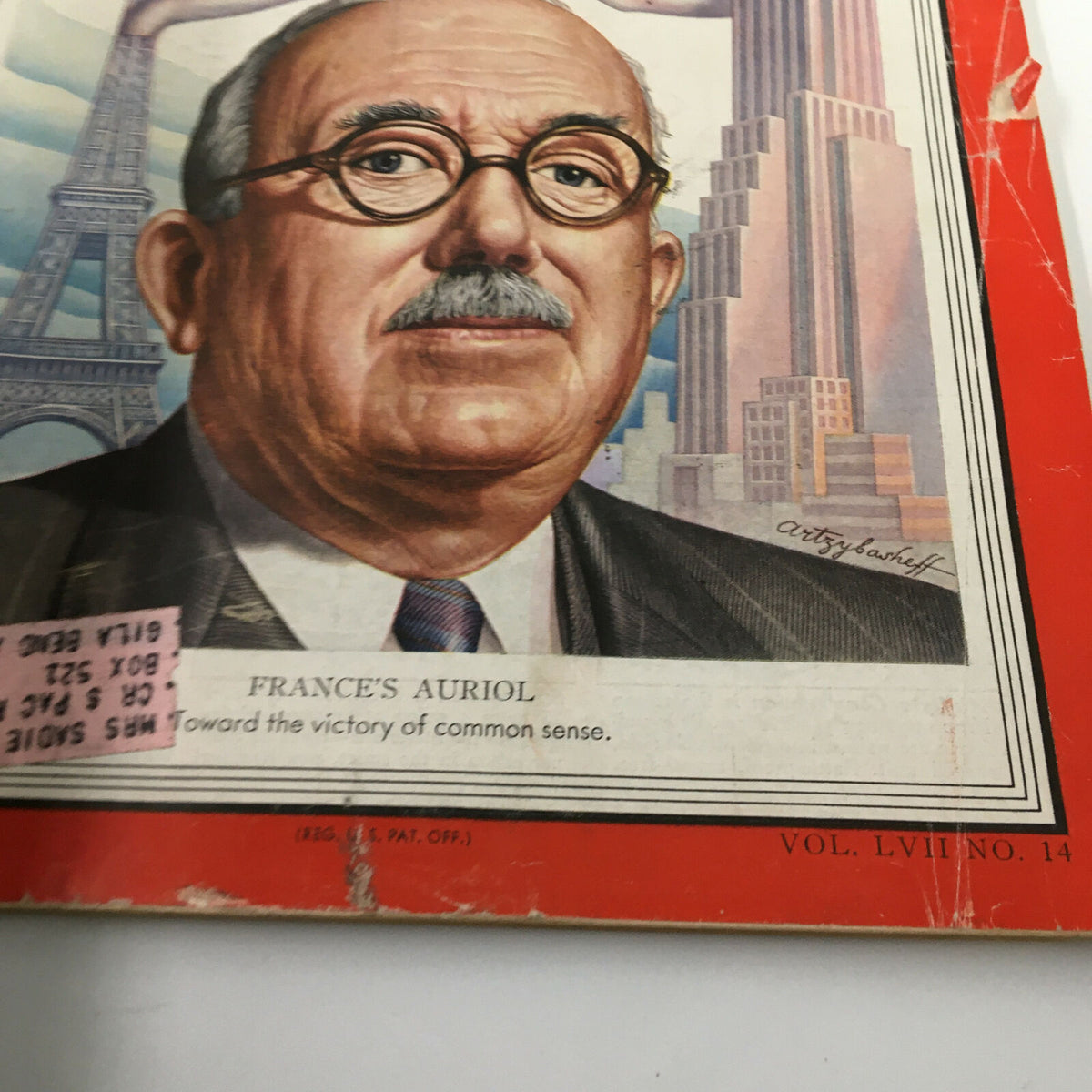 Detailed view of the VTG Time Magazine April 2 1951 cover, emphasizing the title and Vincent Auriol's portrait alongside the Eiffel Tower in the background.