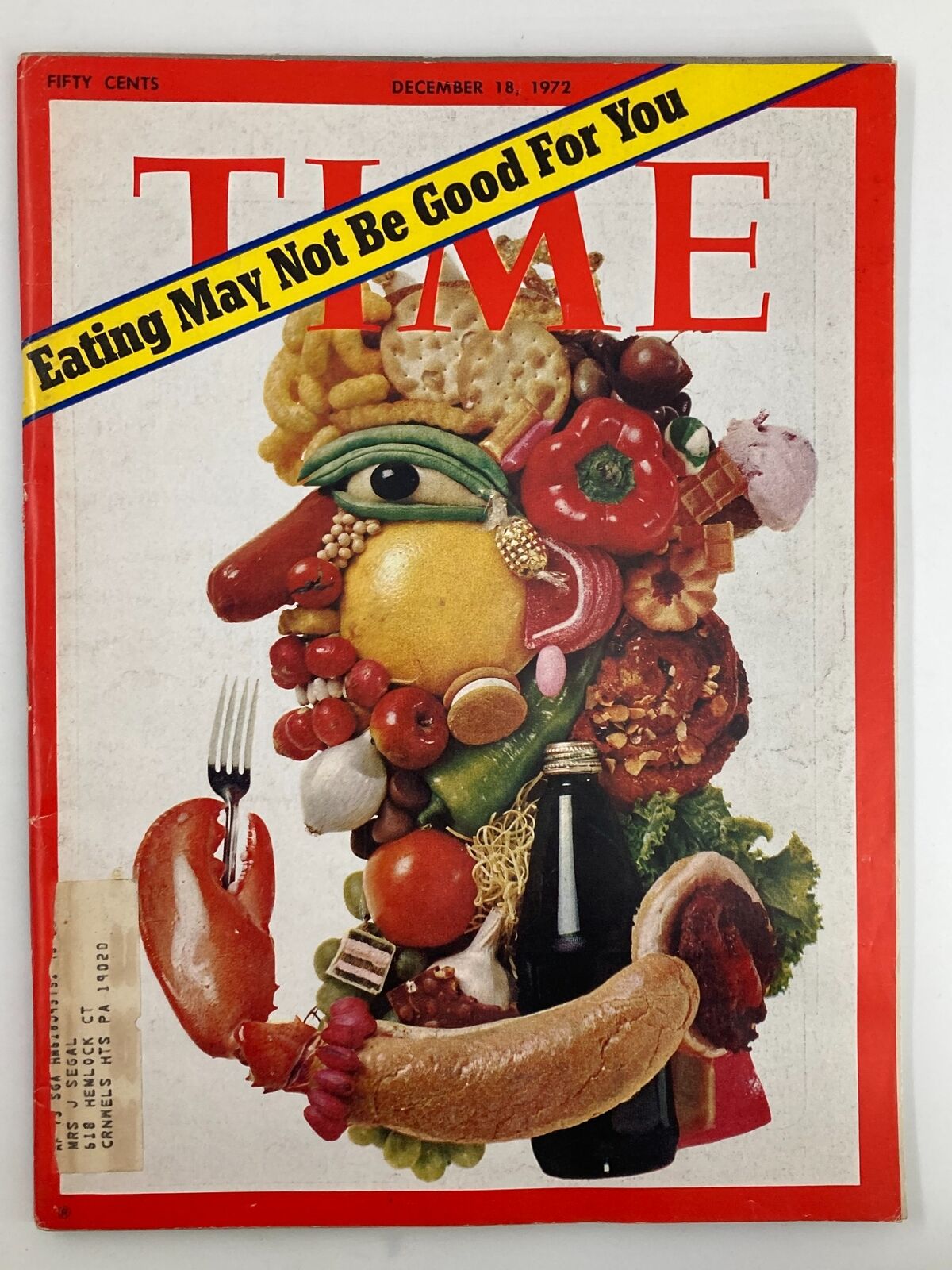 VTG Time Magazine December 18 1972 cover featuring the headline 'Eating May Not Be Good For You', showcasing a colorful collage of food items including fruits, vegetables, and meats, highlighting its vintage design.