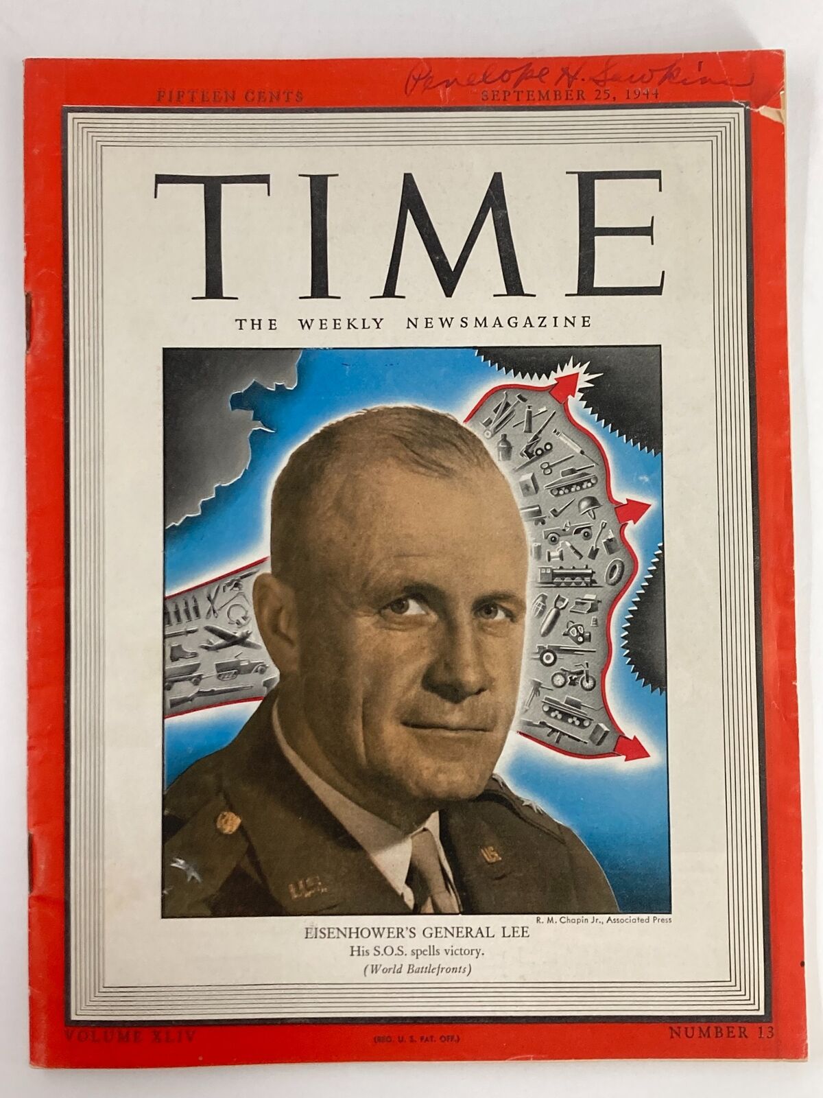 Cover of VTG Time Magazine September 25, 1944, Vol 44 #13 featuring General Dwight D. Eisenhower, showcasing wartime themes with a colorful design.