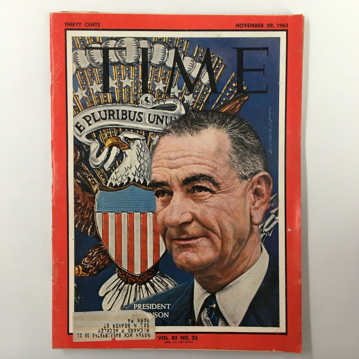 VTG Time Magazine November 29, 1963, Volume 82, No. 22 featuring President Lyndon B. Johnson on the cover with an eagle emblem.
