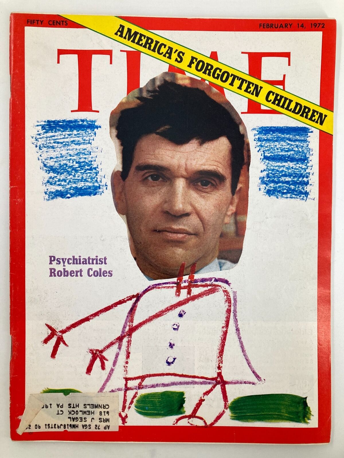 VTG Time Magazine February 14 1972 featuring psychiatrist Robert Coles, highlighted with artistic doodles and a vintage label, capturing social discussions of the early 1970s.