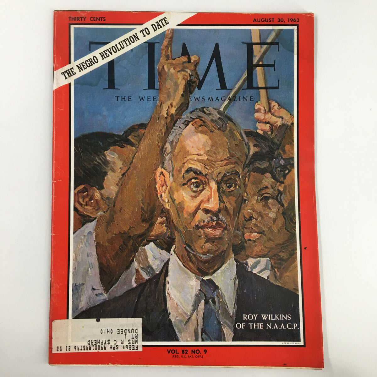 Vintage Time Magazine cover from August 30, 1963, Volume 82, Issue #9 featuring Roy Wilkins of the N.A.A.C.P., capturing a significant moment in the civil rights movement with striking imagery.