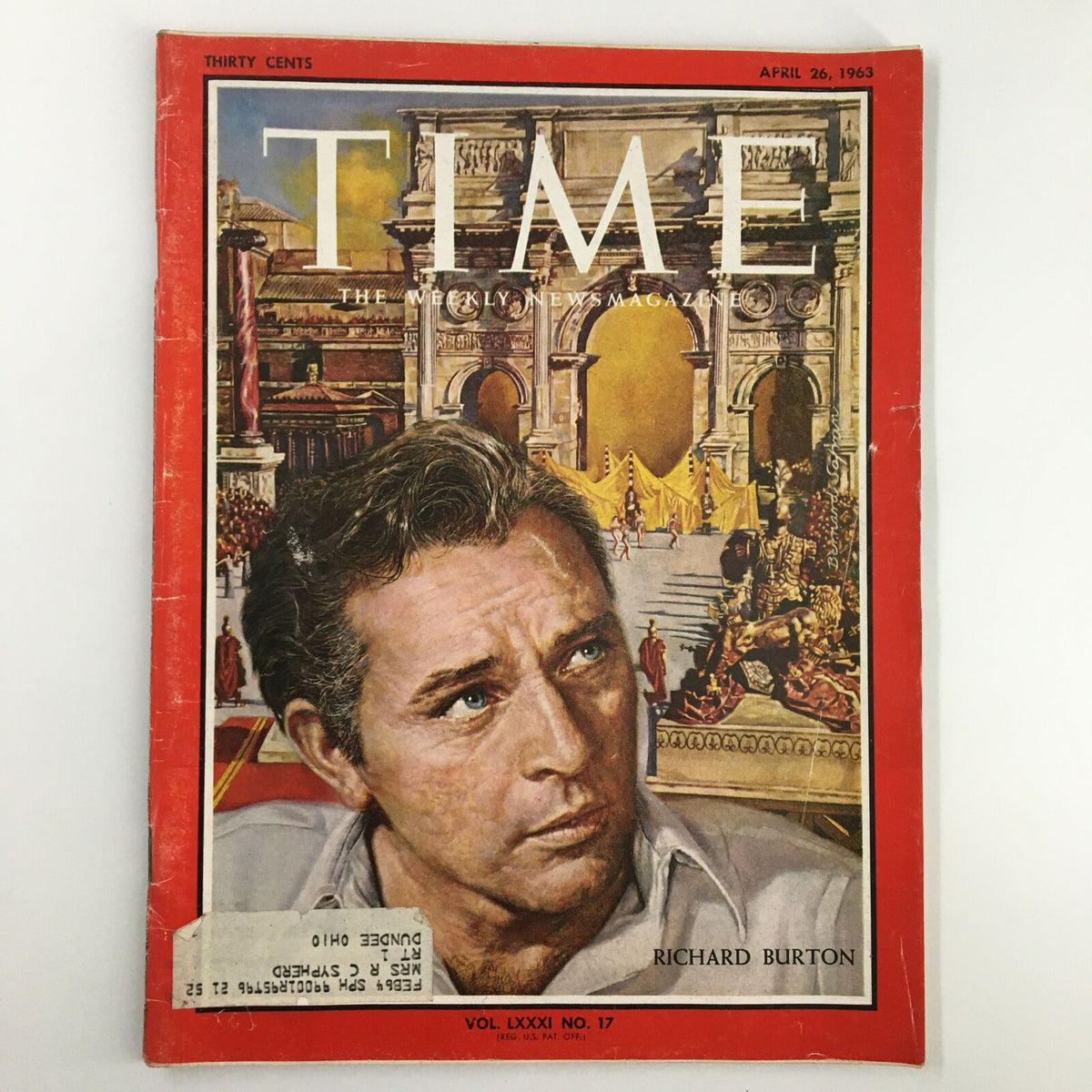 VTG Time Magazine April 26 1963 Vol 81 #17 featuring a cover image of actor Richard Burton with vibrant colors and historical backdrop, a collectible for fans of vintage media.