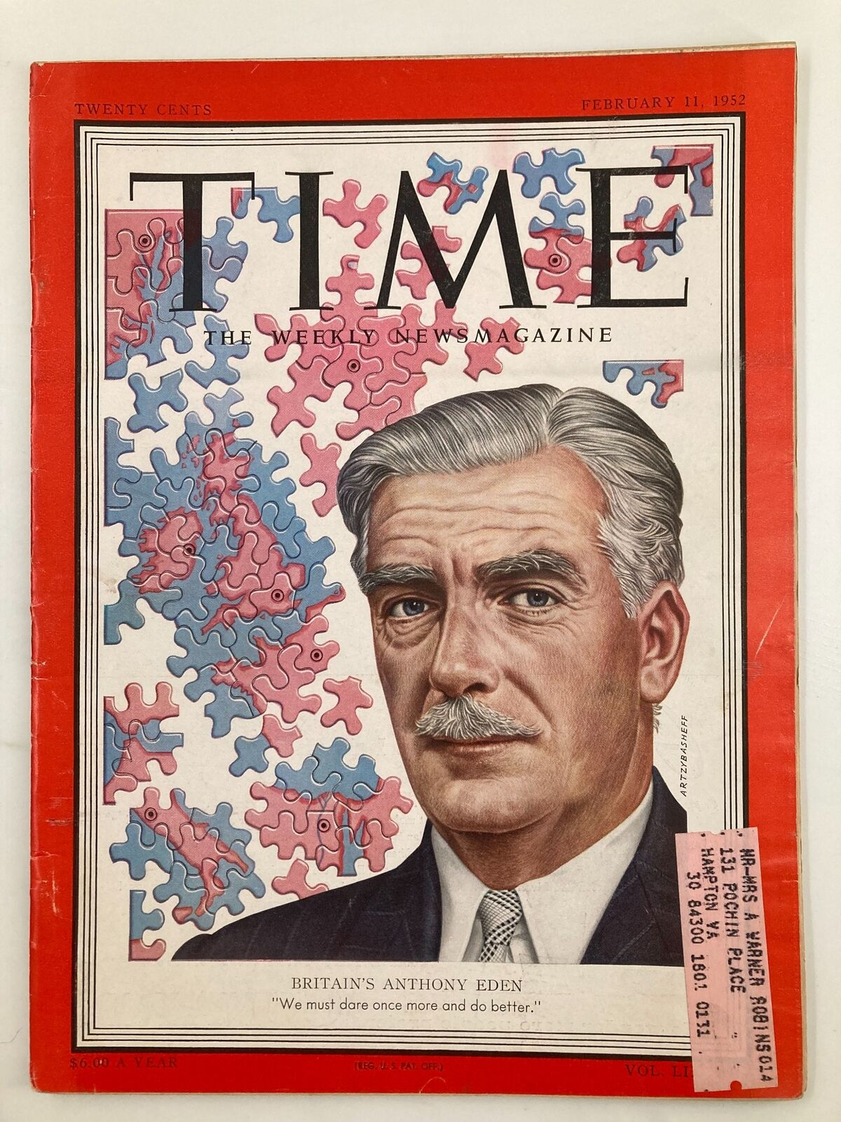 Cover of VTG Time Magazine February 11 1952 featuring Britain's Anthony Eden with a colorful, artistic background and a quote: 'We must dare once more and do better.'