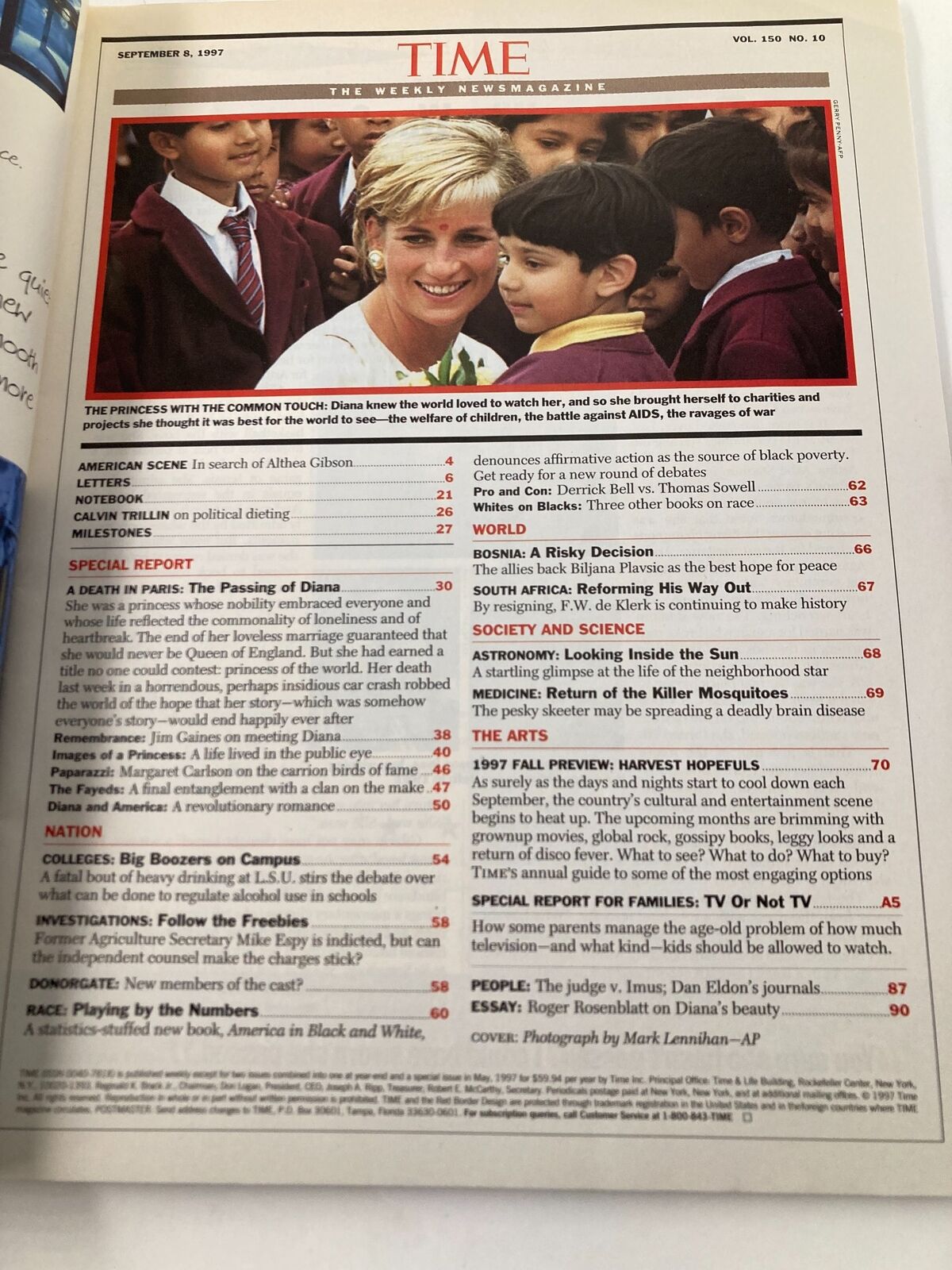 Inside page of Time Magazine from September 8, 1997, detailing a special report about Diana, Princess of Wales, and her charitable contributions.