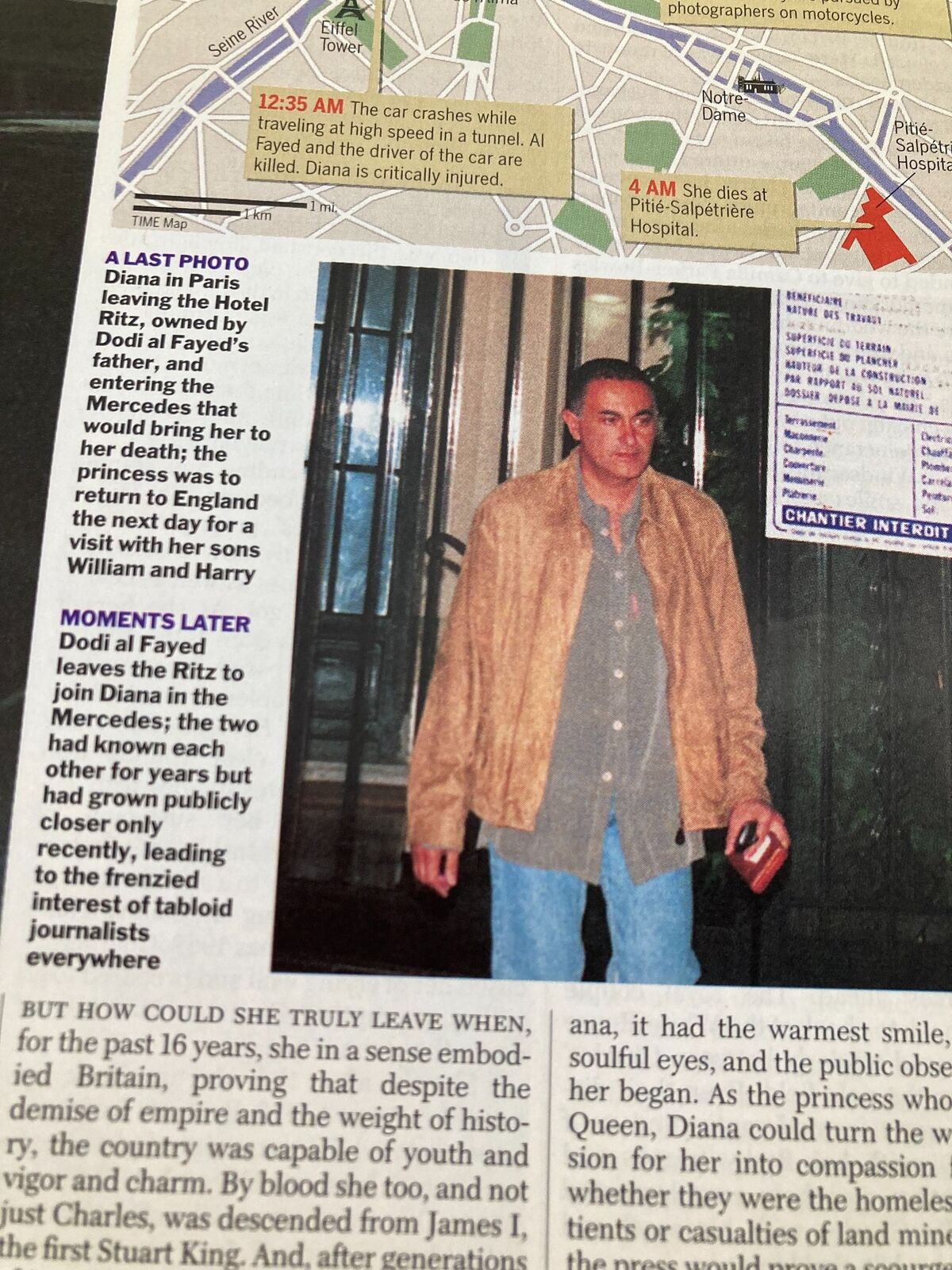 Last known photo of Diana, Princess of Wales leaving the Ritz, featured in Time Magazine September 8, 1997, shortly before the tragic accident.