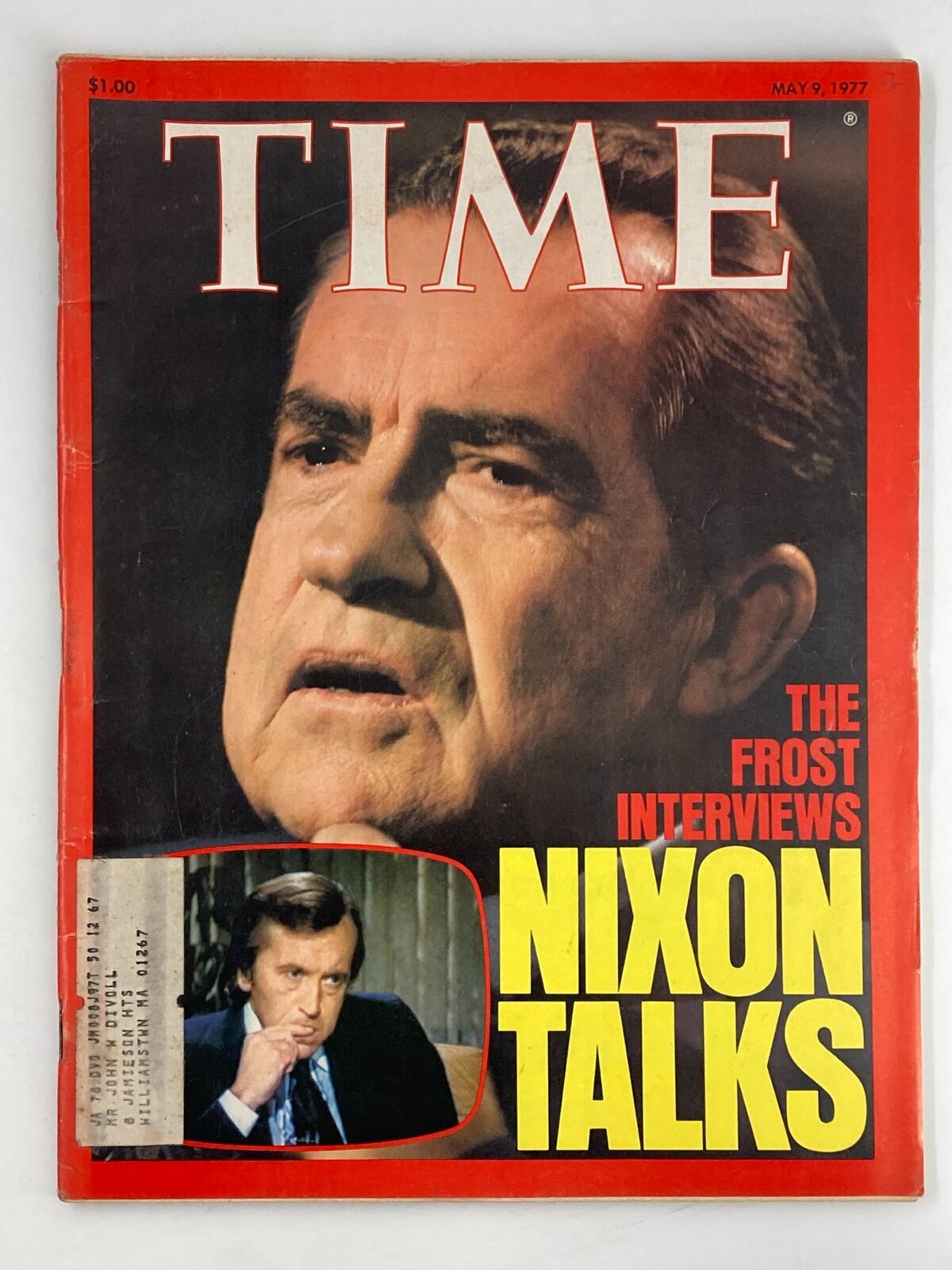 Cover of VTG Time Magazine dated May 9, 1977, featuring The Frost Interviews with Richard Nixon. The cover highlights Nixon Talks, showcasing a portrait of Nixon and a smaller image of David Frost.