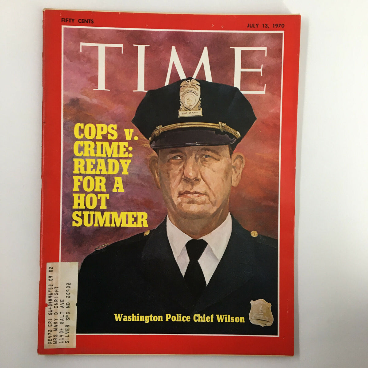 Cover of VTG Time Magazine July 13 1970 featuring Washington Police Chief Wilson with an article titled 'Cops v. Crime: Ready for a Hot Summer.' This vintage magazine showcases the social issues of the 1970s.