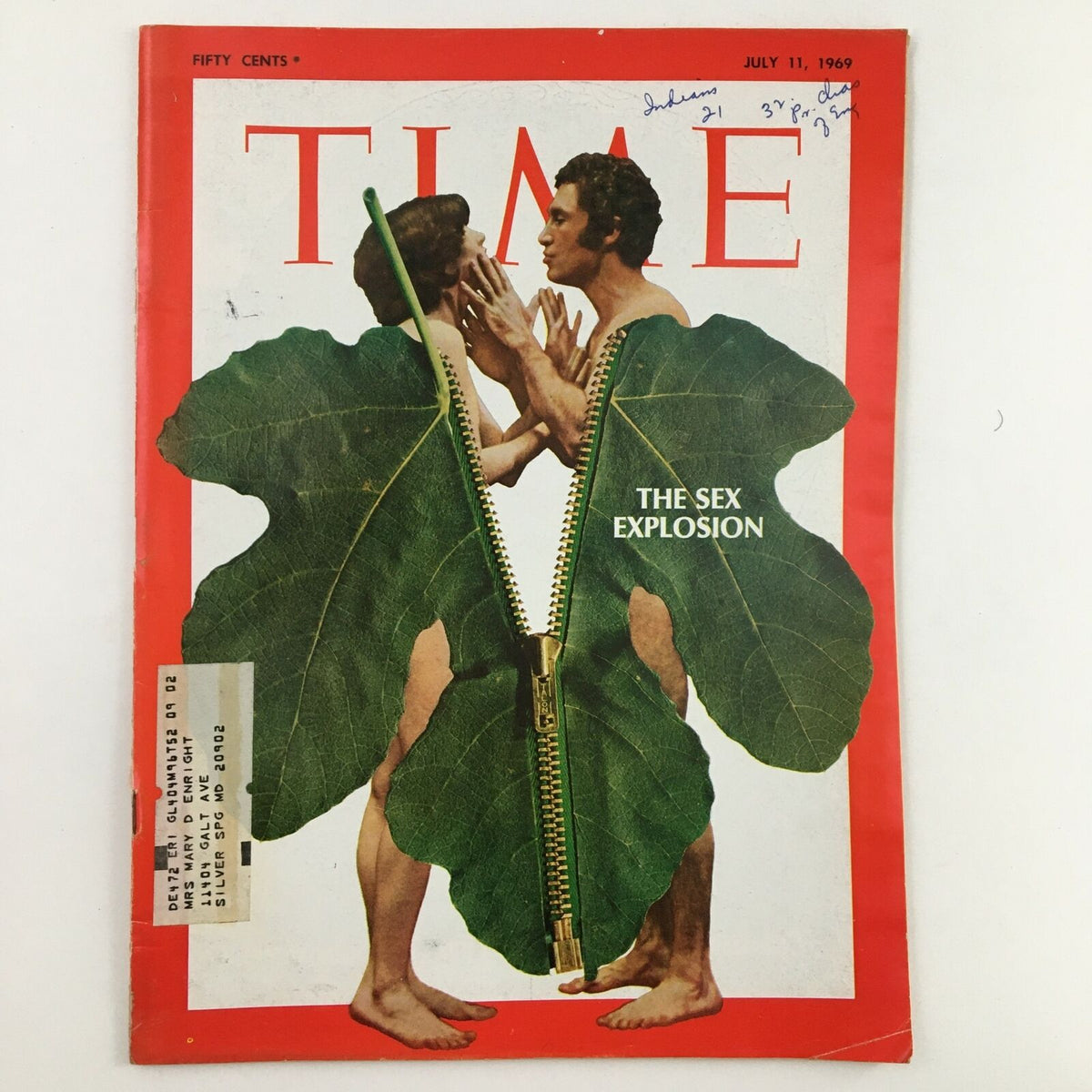 Cover of Time Magazine July 11 1969 Vol. 94 No. 2 featuring 'The Sex Explosion' with a creative design of a zipper and leaves, showcasing a couple symbolizing changing attitudes towards sexuality.