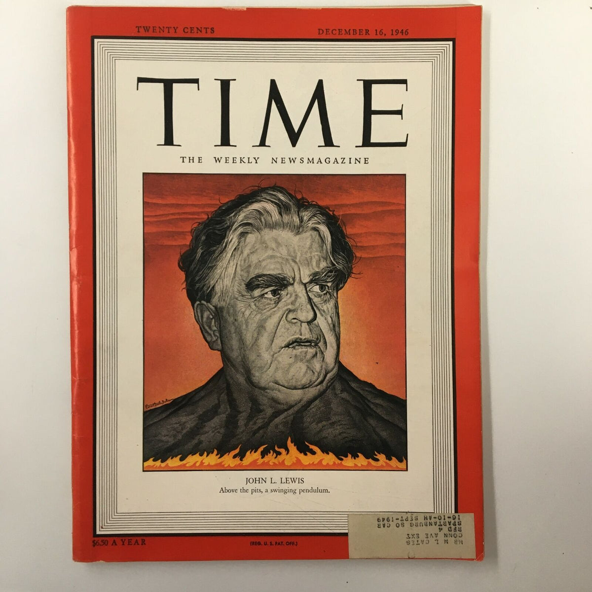 Cover of VTG Time Magazine dated December 16, 1946, Volume 48, Number 25, featuring John L. Lewis with the title 'Swinging Pendulum'. The illustration depicts John L. Lewis with a fiery background, symbolizing post-war America.