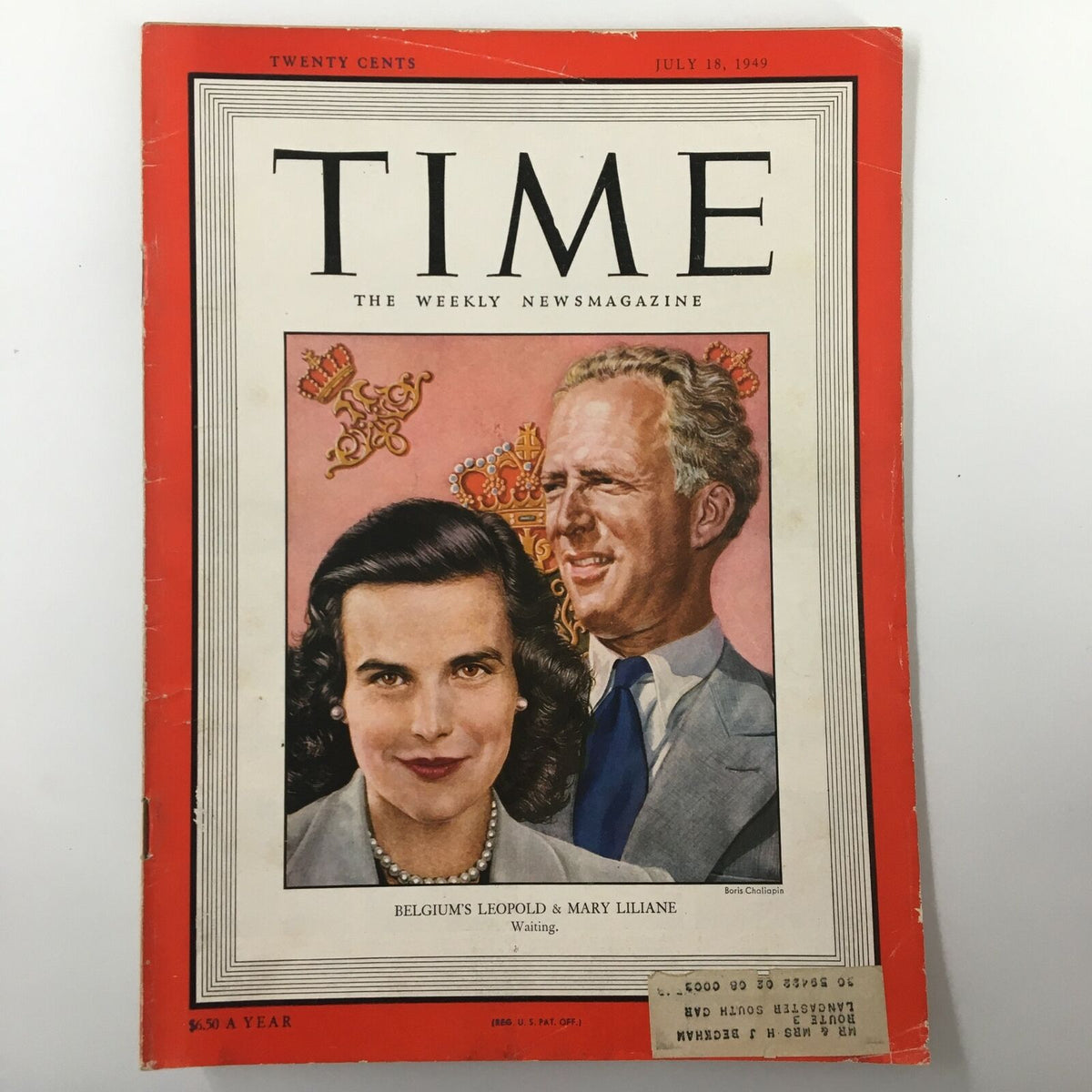 Cover of VTG Time Magazine July 18 1949 featuring Belgium's Leopold and Mary Liliane, showcasing royal portraits with vibrant artwork.