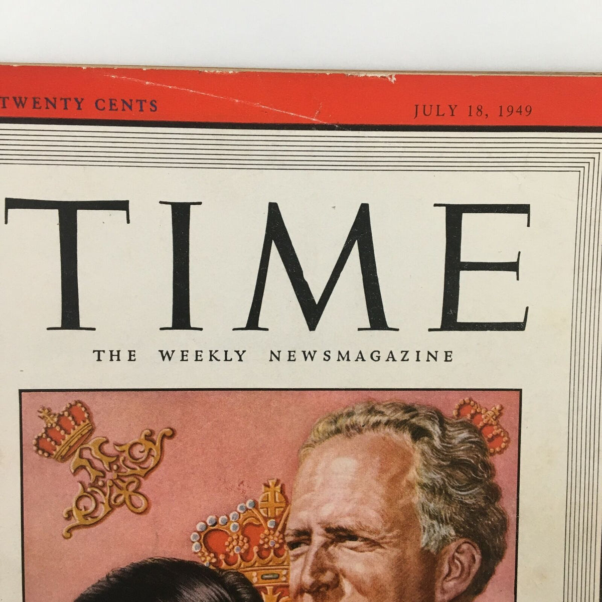 Close-up view of the cover of VTG Time Magazine July 18 1949 highlighting the title and date alongside illustrations of Belgium's Leopold and Mary Liliane.