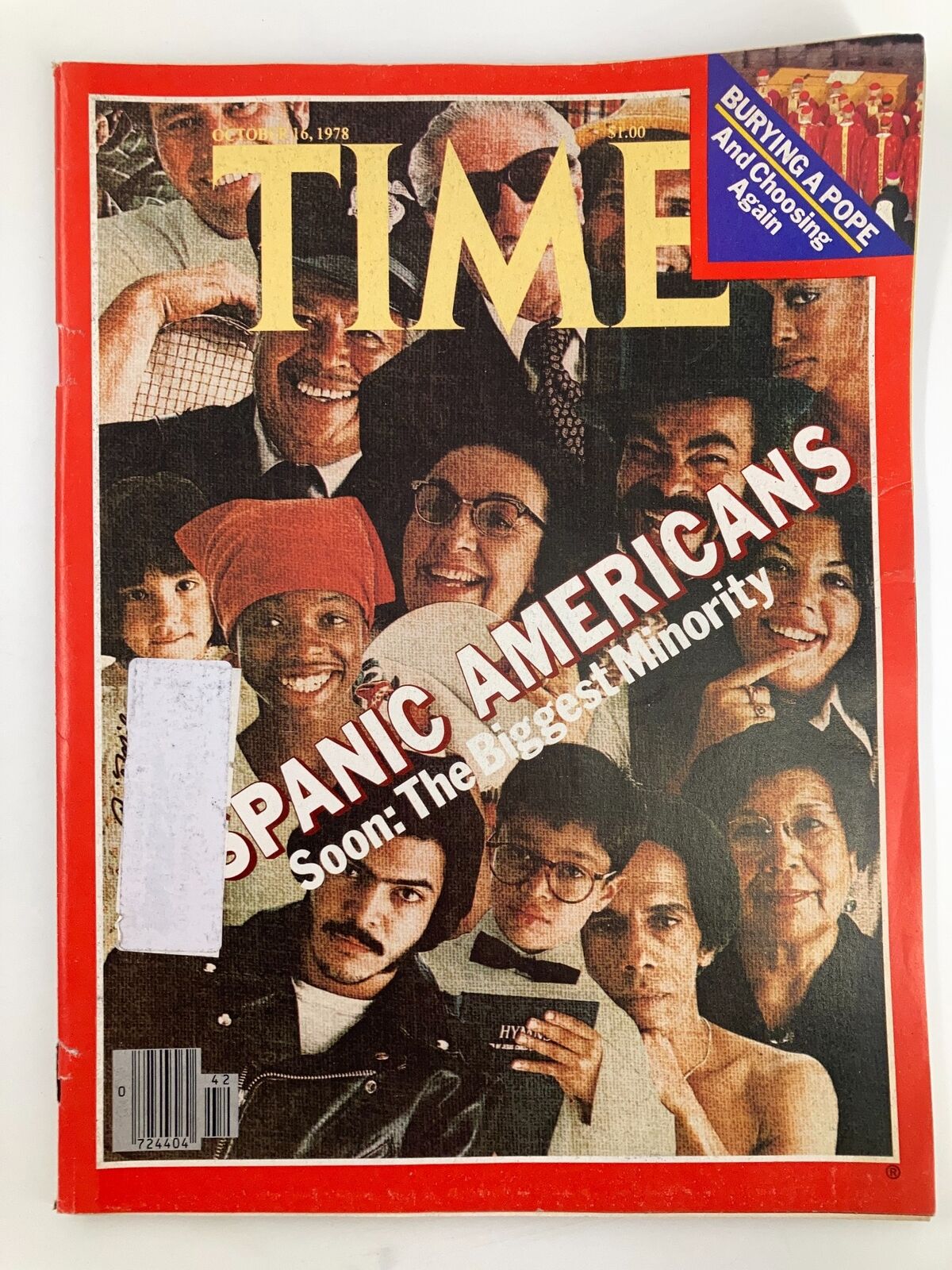 Cover of Time Magazine from October 16, 1978, featuring the title 'Spanic Americans: Soon The Biggest Minority' with a diverse group of people illustrated. This collectible issue explores the influence of Spanic Americans in society.