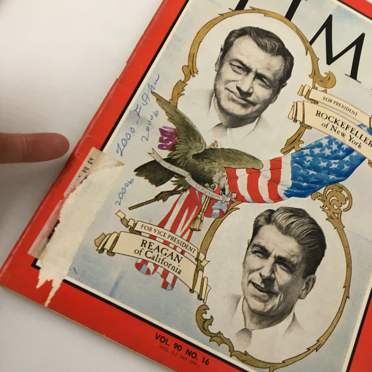 Close-up view of the cover of VTG Time Magazine October 20, 1967 featuring Nelson Rockefeller and Ronald Reagan, highlighting handwritten notes and a label, capturing its vintage authenticity.