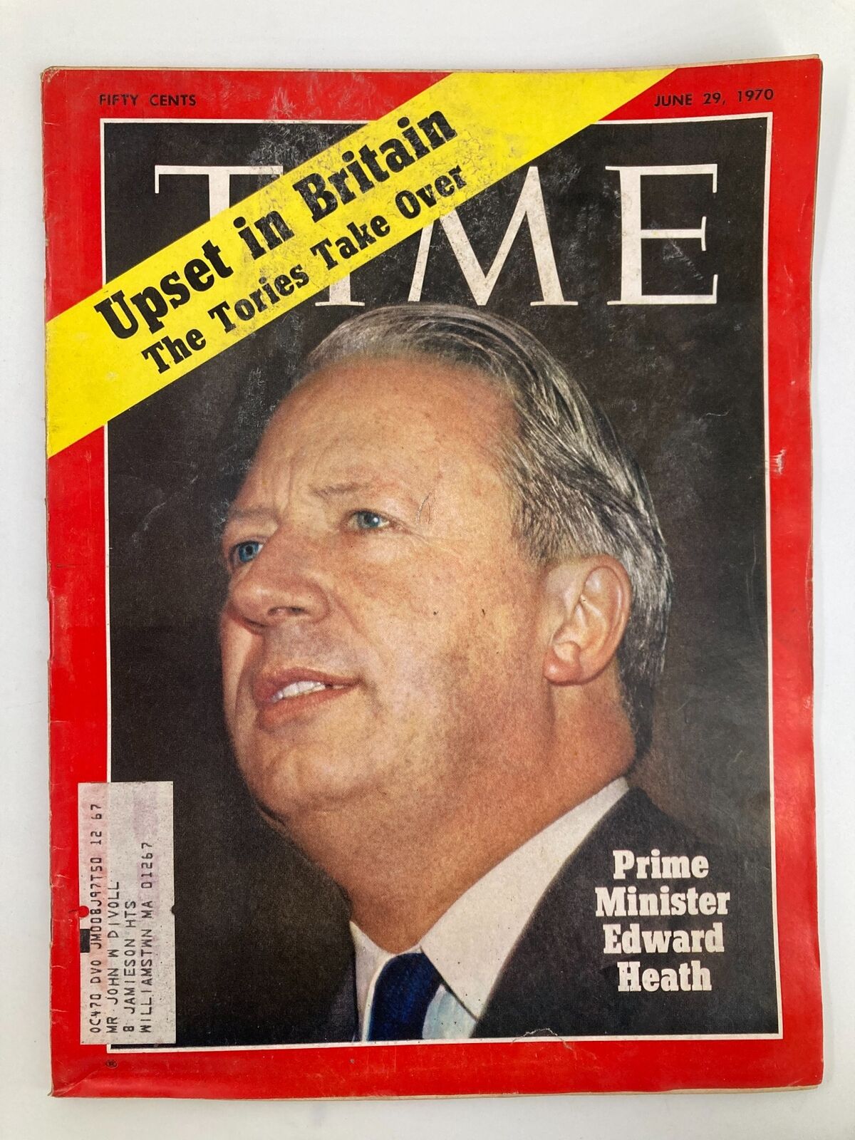 Cover of the vintage Time Magazine from June 29, 1970, featuring Prime Minister Edward Heath with the headline 'Upset in Britain: The Tories Take Over'. This iconic issue reflects significant political events from that era.