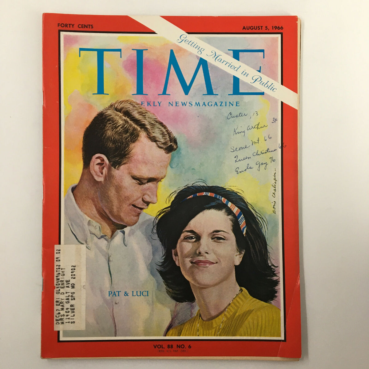 Vintage Time Magazine August 5 1966 cover featuring Pat and Luci Getting Married in Public, showcasing an artistic illustration of the couple with text highlighting the wedding theme.