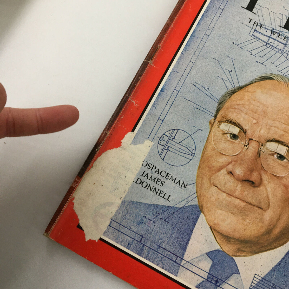 Close-up of the cover of VTG Time Magazine March 31 1967 showing The Aerospaceman James McDonnell with a label on the front.