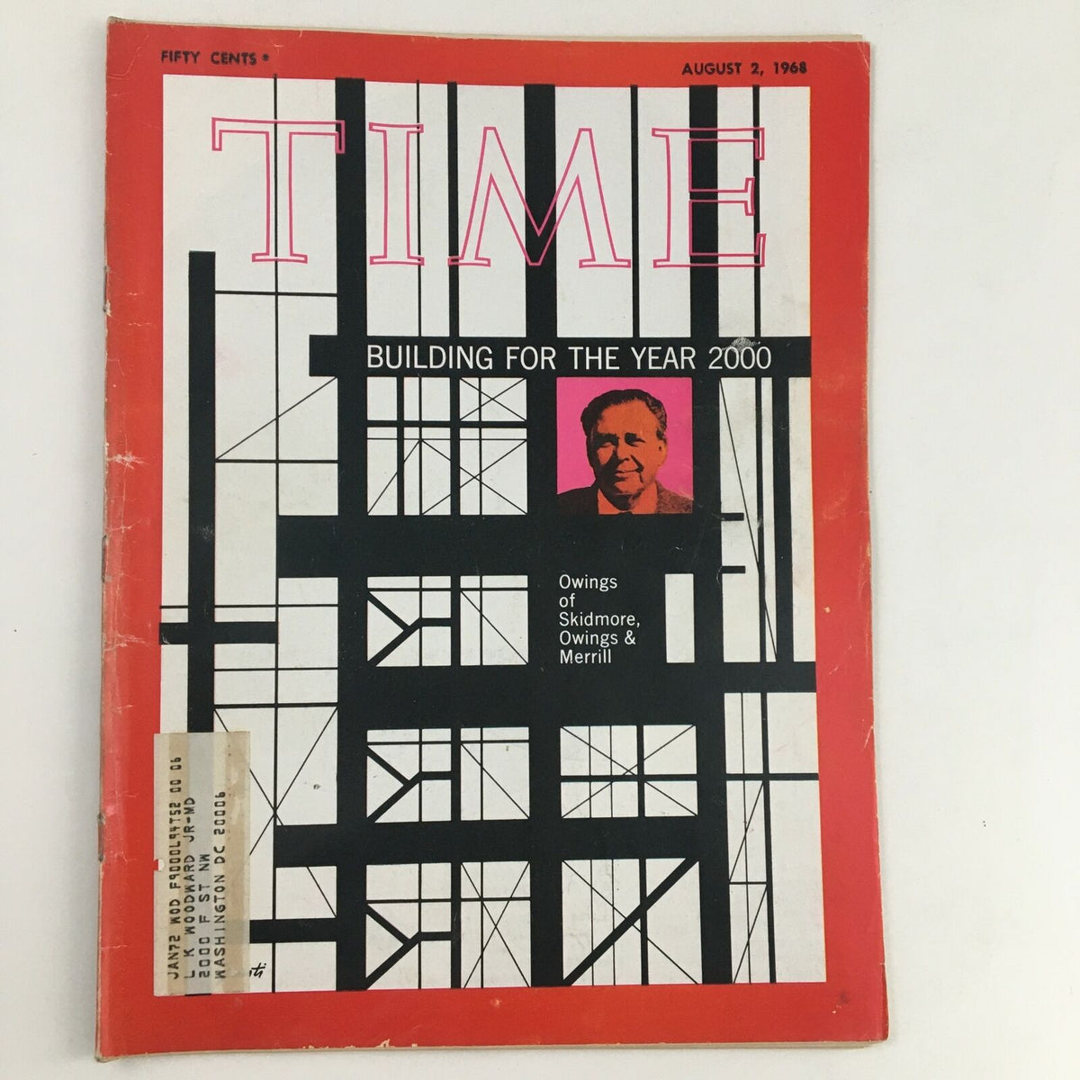 Cover of Time Magazine August 2, 1968, Vol. 92 No. 5 featuring Nathaniel Owings, highlighting architectural themes with a modern design featuring black and red contrasts.