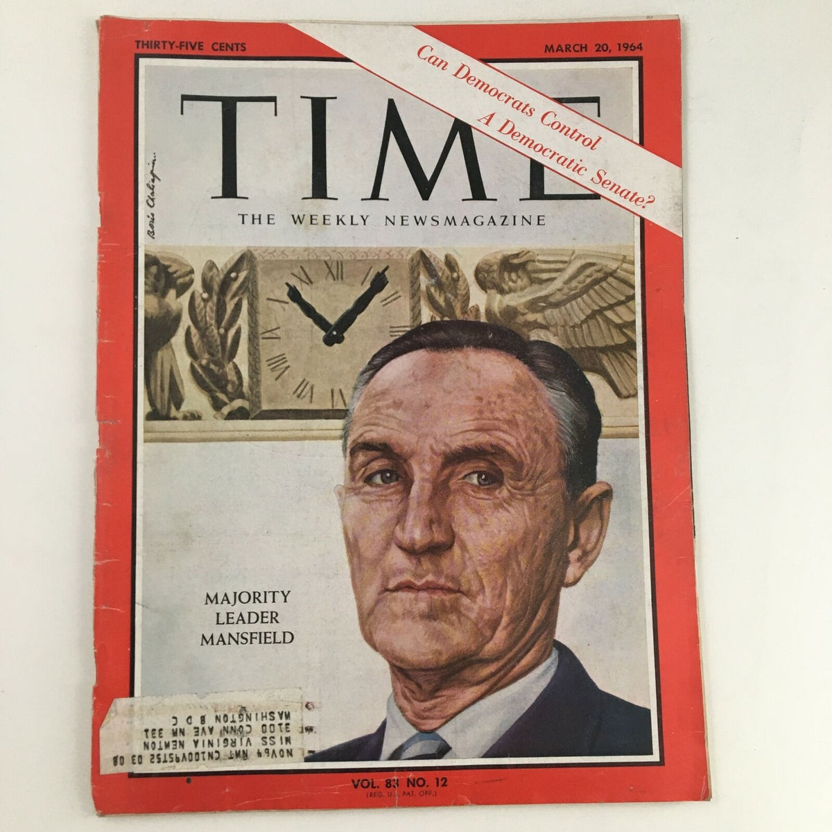 Time Magazine March 20, 1964, featuring Majority Leader Mike Mansfield on the cover. This vintage issue showcases political themes and historical insights from the 1960s. Volume 83, Number 12, includes an address label and highlights the era's significant events.